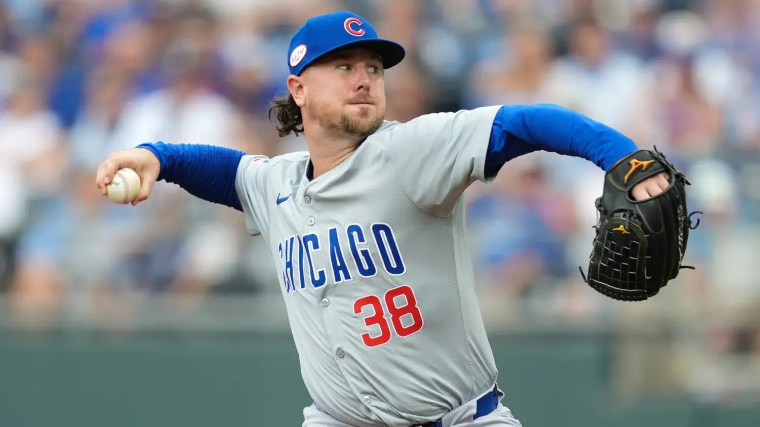 Jul 28, 2024; Kansas City, Missouri, USA; Chicago Cubs relief pitcher Mark Leiter Jr. (38) pitches during the seventh inning against the Kansas City Royals at Kauffman Stadium. / Jay Biggerstaff-USA TODAY Sports