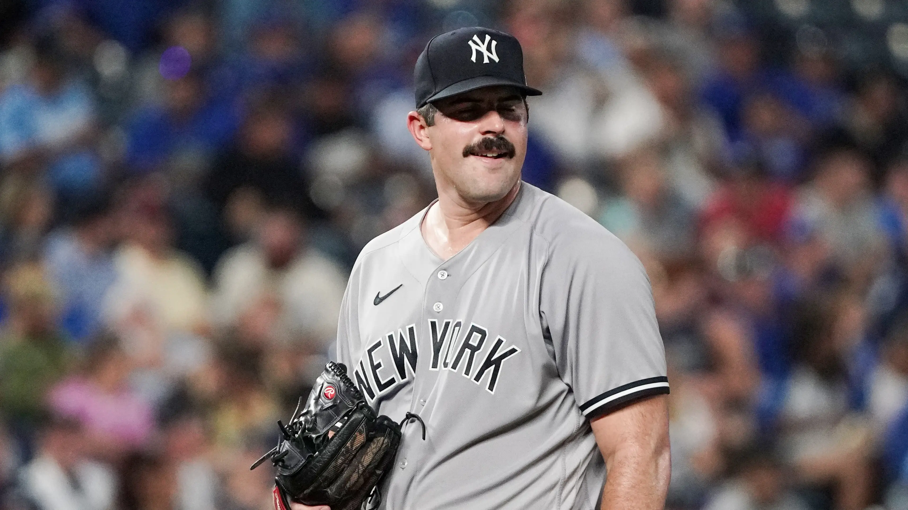 New York Yankees starting pitcher Carlos Rodon (55) reacts after allowing 5 runs from the Kansas City Royals during the first inning at Kauffman Stadium. / Denny Medley-USA TODAY Sports