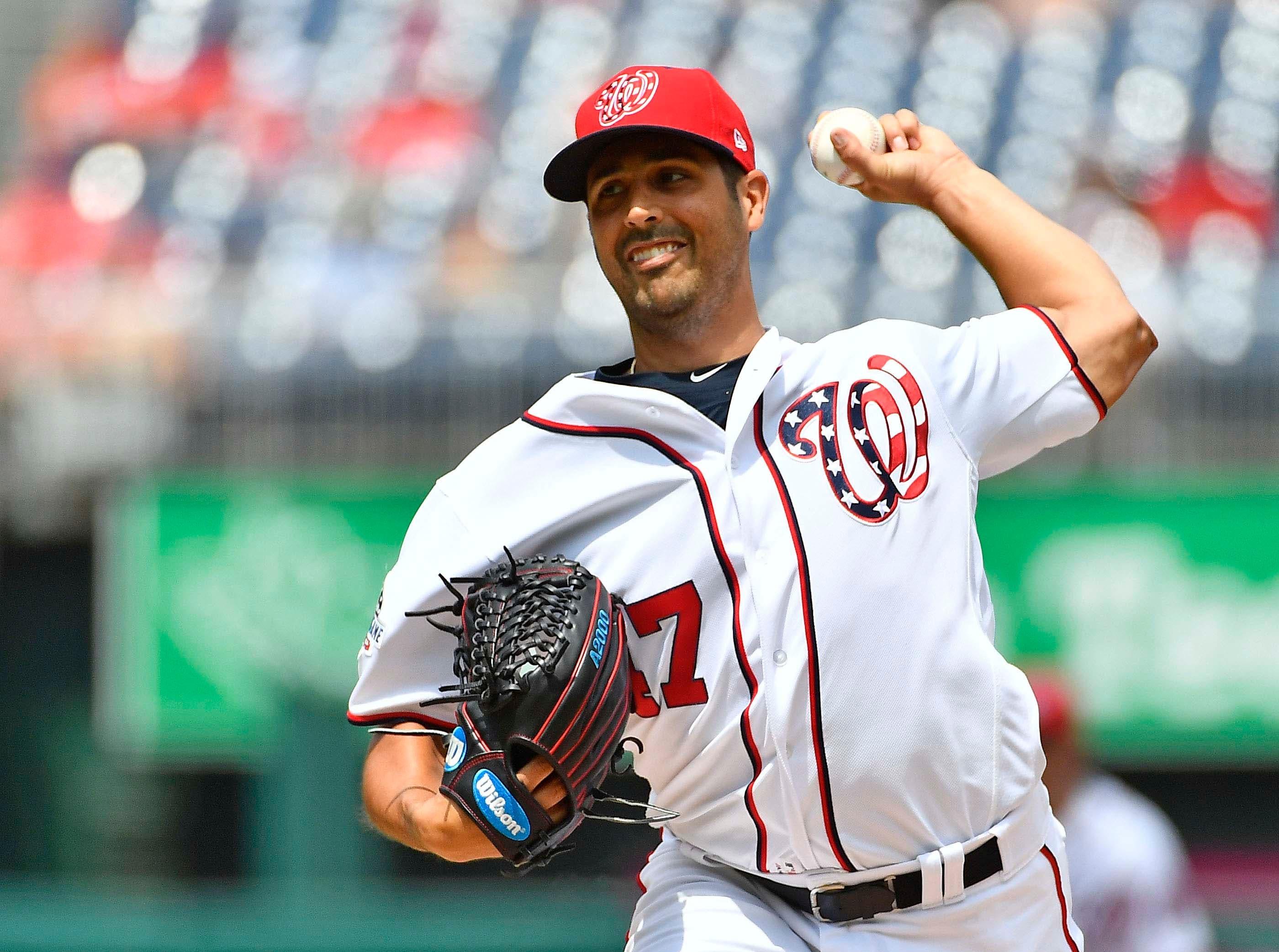 Aug 19, 2018; Washington, DC, USA; Washington Nationals starting pitcher Gio Gonzalez (47) throws to the Miami Marlins during the second inning at Nationals Park. Mandatory Credit: Brad Mills-USA TODAY Sports / Brad Mills