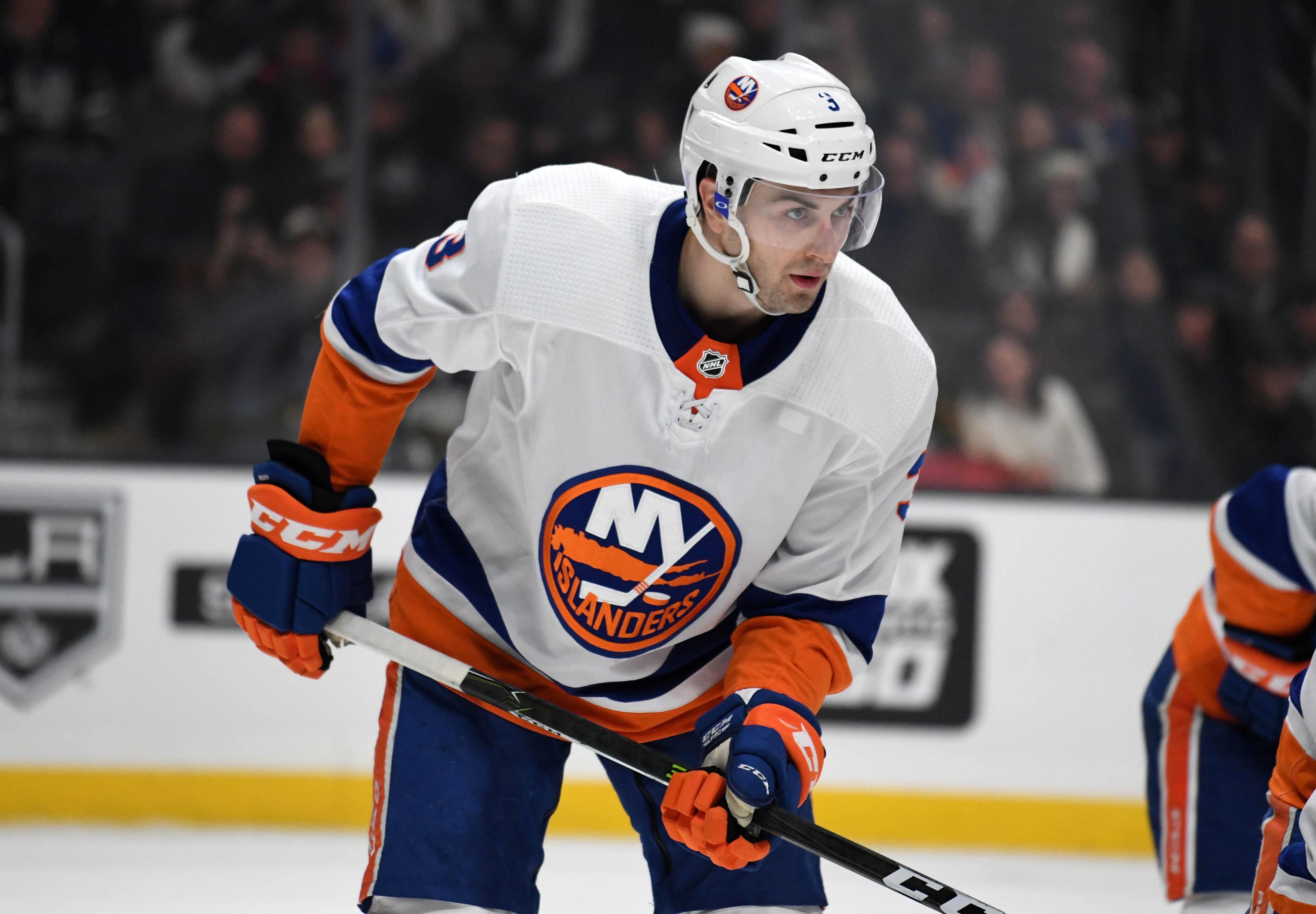 Nov 27, 2019; Los Angeles, CA, USA; New York Islanders defenseman Adam Pelech (3) against the Los Angeles Kings in the second period at Staples Center. The Kings defeated the Islanders 4-1. Mandatory Credit: Kirby Lee-USA TODAY Sports / Kirby Lee