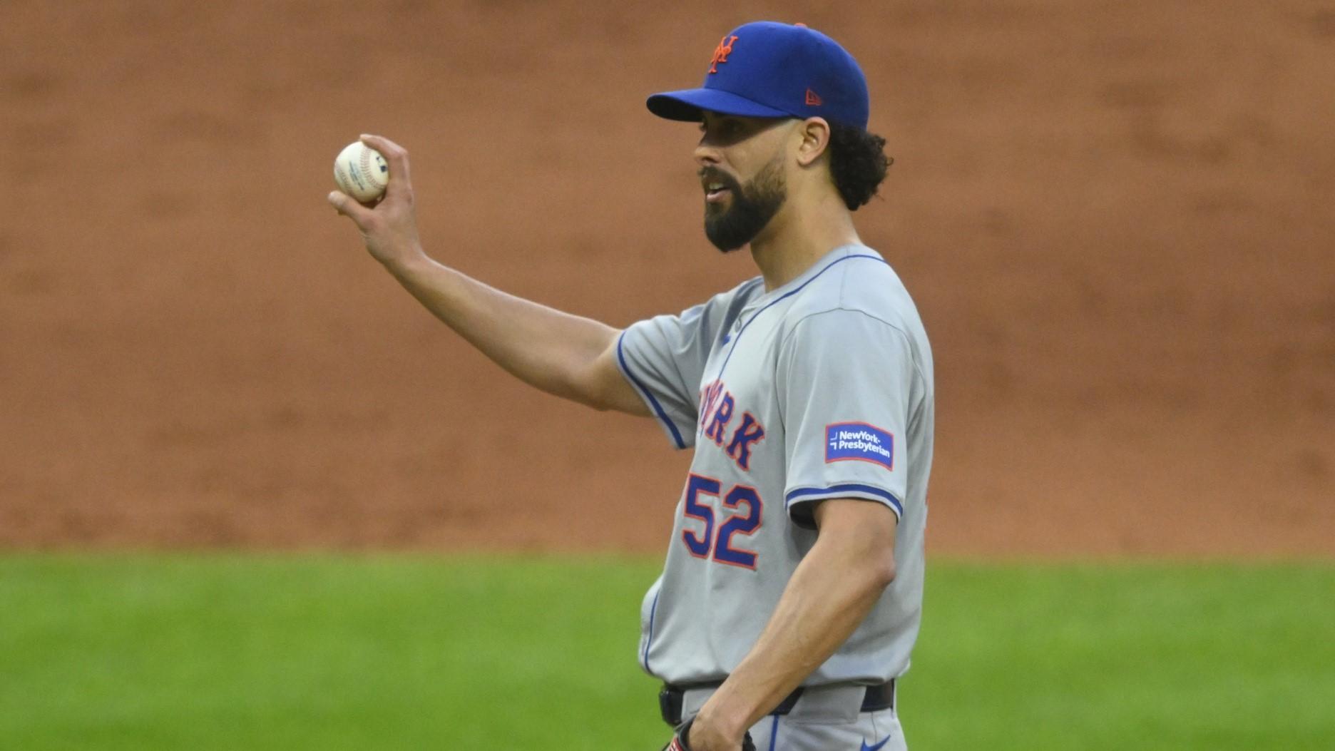 May 20, 2024; Cleveland, Ohio, USA; New York Mets relief pitcher Jorge Lopez (52) stands on the mound in the eighth inning against the Cleveland Guardians at Progressive Field.