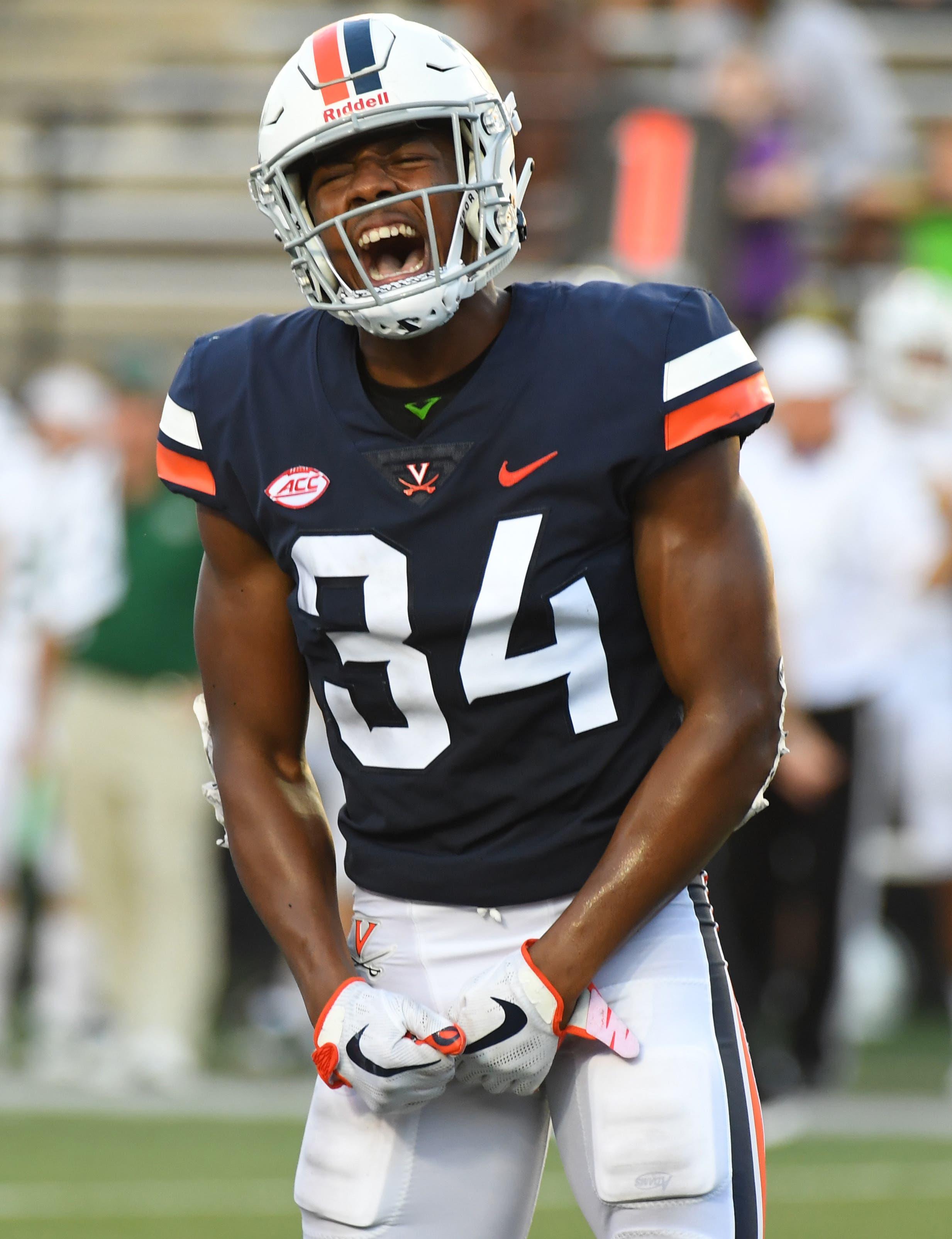 Sep 15, 2018; Nashville, TN, USA; Virginia Cavaliers cornerback Bryce Hall (34) celebrates after a stop on fourth down during the second half against the Ohio Bobcats at Vanderbilt Stadium. Mandatory Credit: Christopher Hanewinckel-USA TODAY Sports / Christopher Hanewinckel