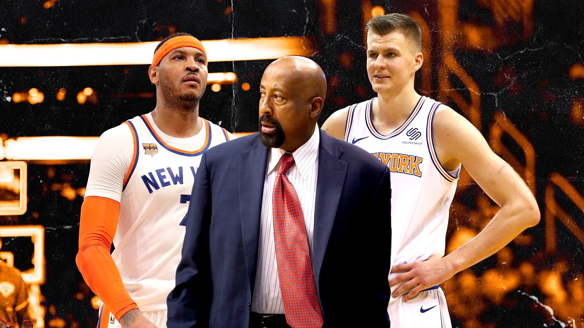 Carmelo Anthony, Mike Woodson and Kristaps Porzingis