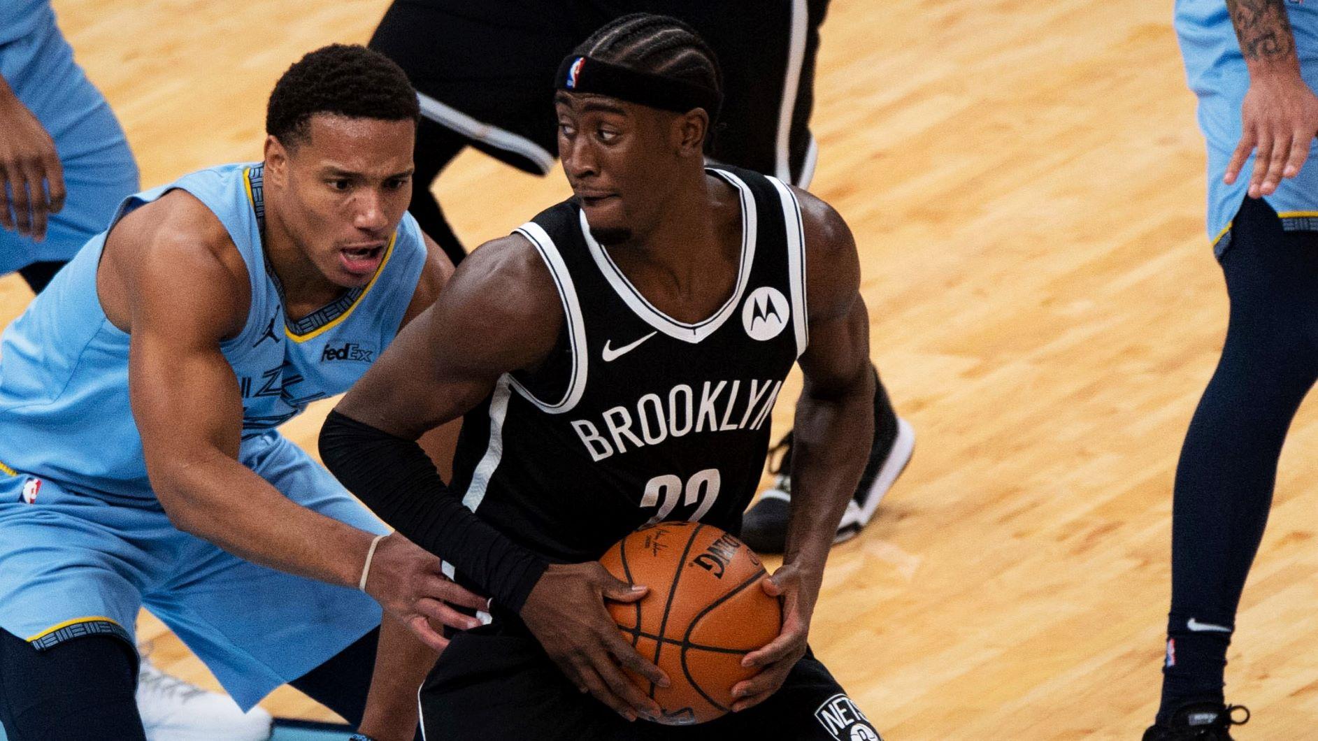 Jan 8, 2021; Memphis, Tennessee, USA; Brooklyn Nets guard Caris LeVert (22) handles the ball against Memphis Grizzlies guard Desmond Bane (22) during the first half at FedExForum. / Justin Ford-USA TODAY Sports