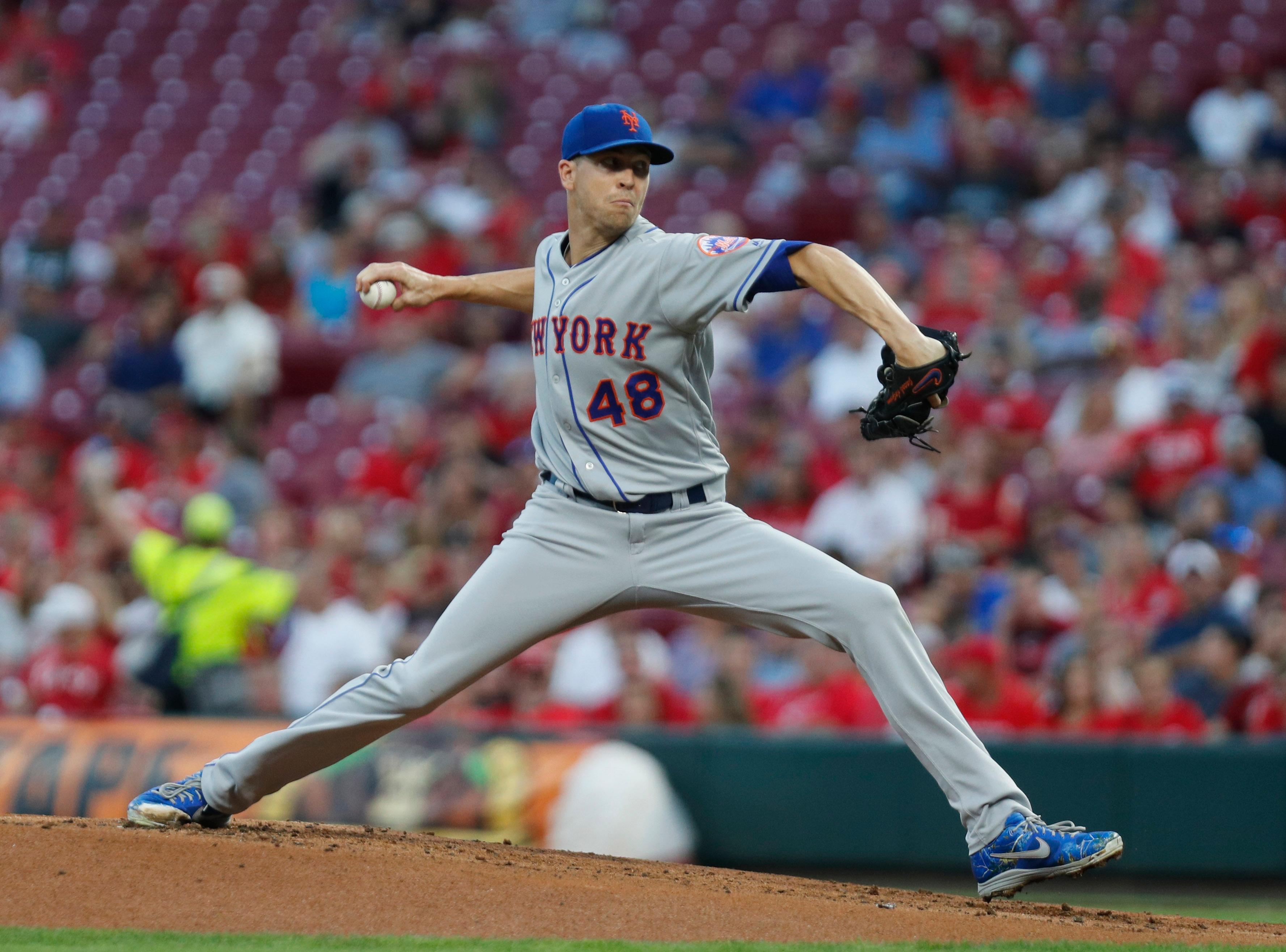 Sep 20, 2019; Cincinnati, OH, USA; New York Mets starting pitcher Jacob deGrom (48) throws against the Cincinnati Reds during the first inning at Great American Ball Park. Mandatory Credit: David Kohl-USA TODAY Sports