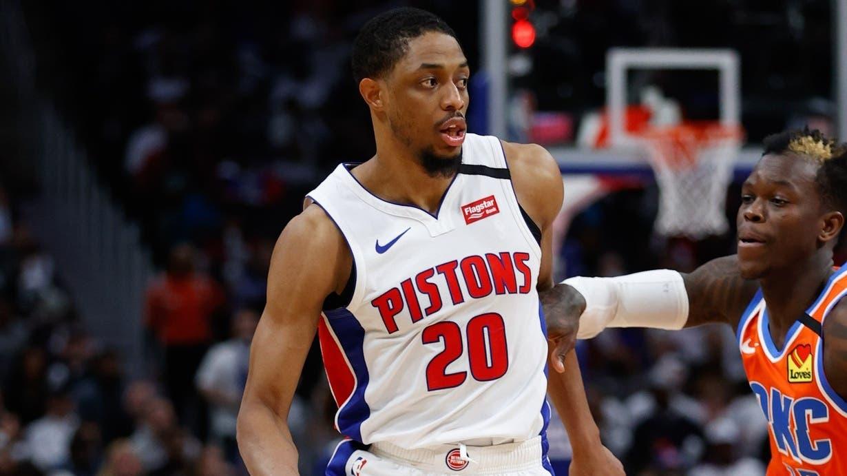 Mar 4, 2020; Detroit, Michigan, USA; Detroit Pistons guard Brandon Knight (20) dribbles against the Oklahoma City Thunder at Little Caesars Arena. / Rick Osentoski-USA TODAY Sports