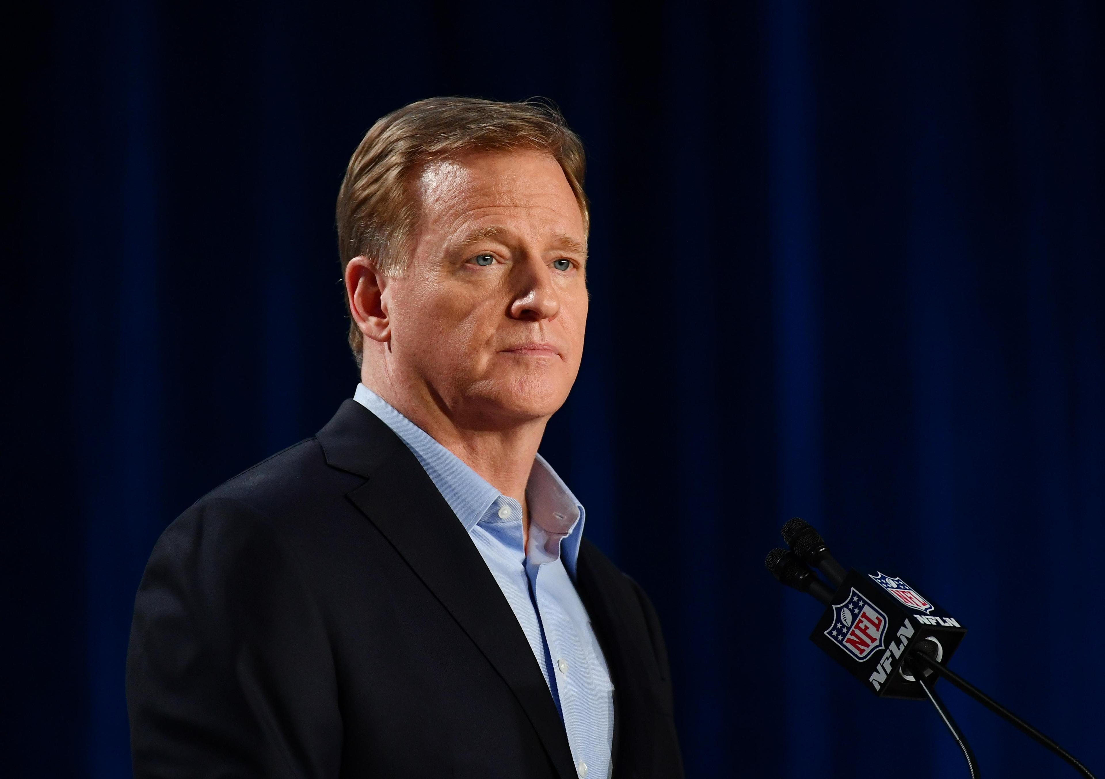 Jan 29, 2020; Miami, Florida, USA; NFL commissioner Roger Goodell during a press conference before Super Bowl LIV at Hilton Downtown. Mandatory Credit: Jasen Vinlove-USA TODAY Sports / Jasen Vinlove