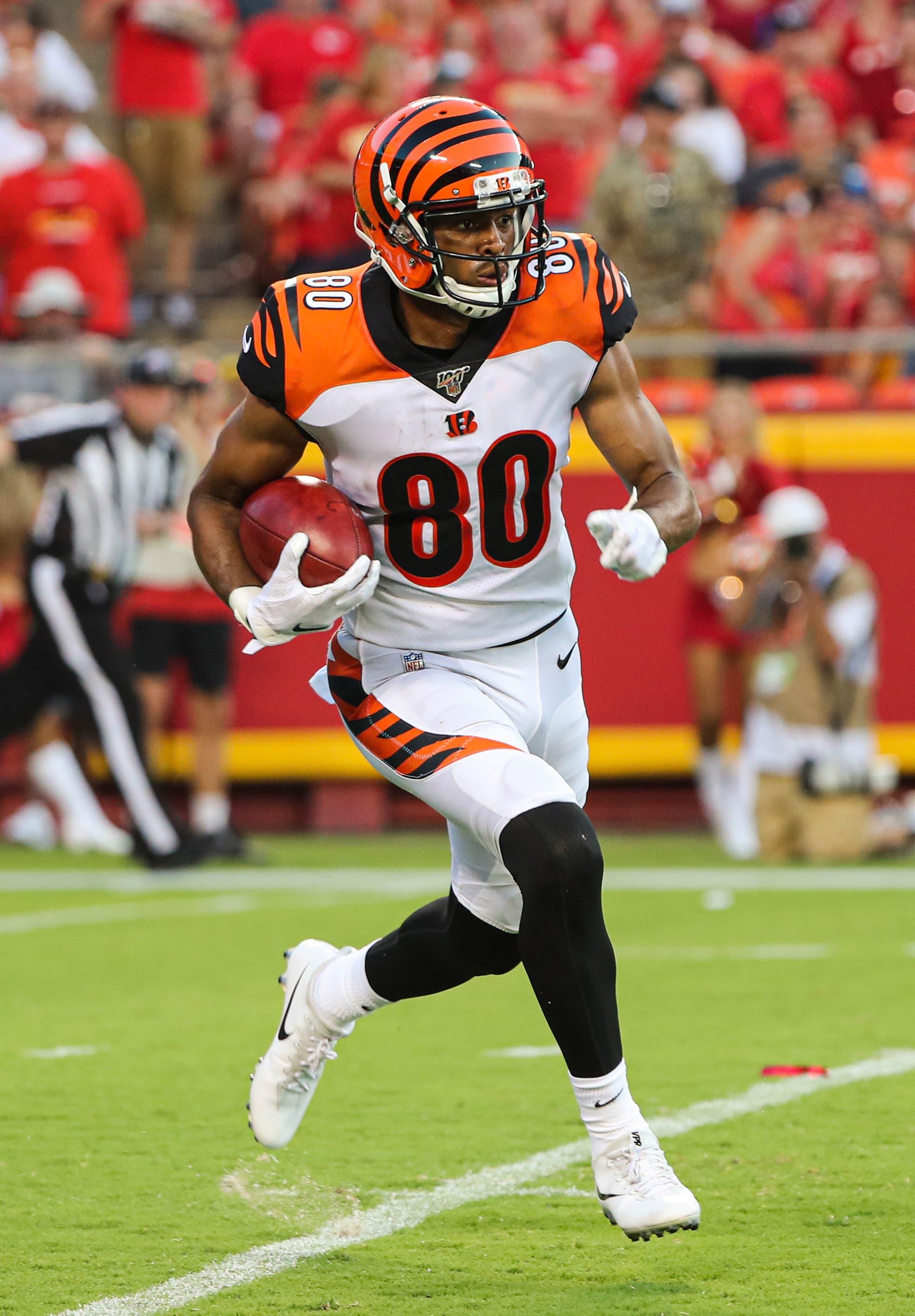 Aug 10, 2019; Kansas City, MO, USA; Cincinnati Bengals wide receiver Josh Malone (80) returns a kickoff against the Kansas City Chiefs during the first half at Arrowhead Stadium. Mandatory Credit: Jay Biggerstaff-USA TODAY Sports / Jay Biggerstaff