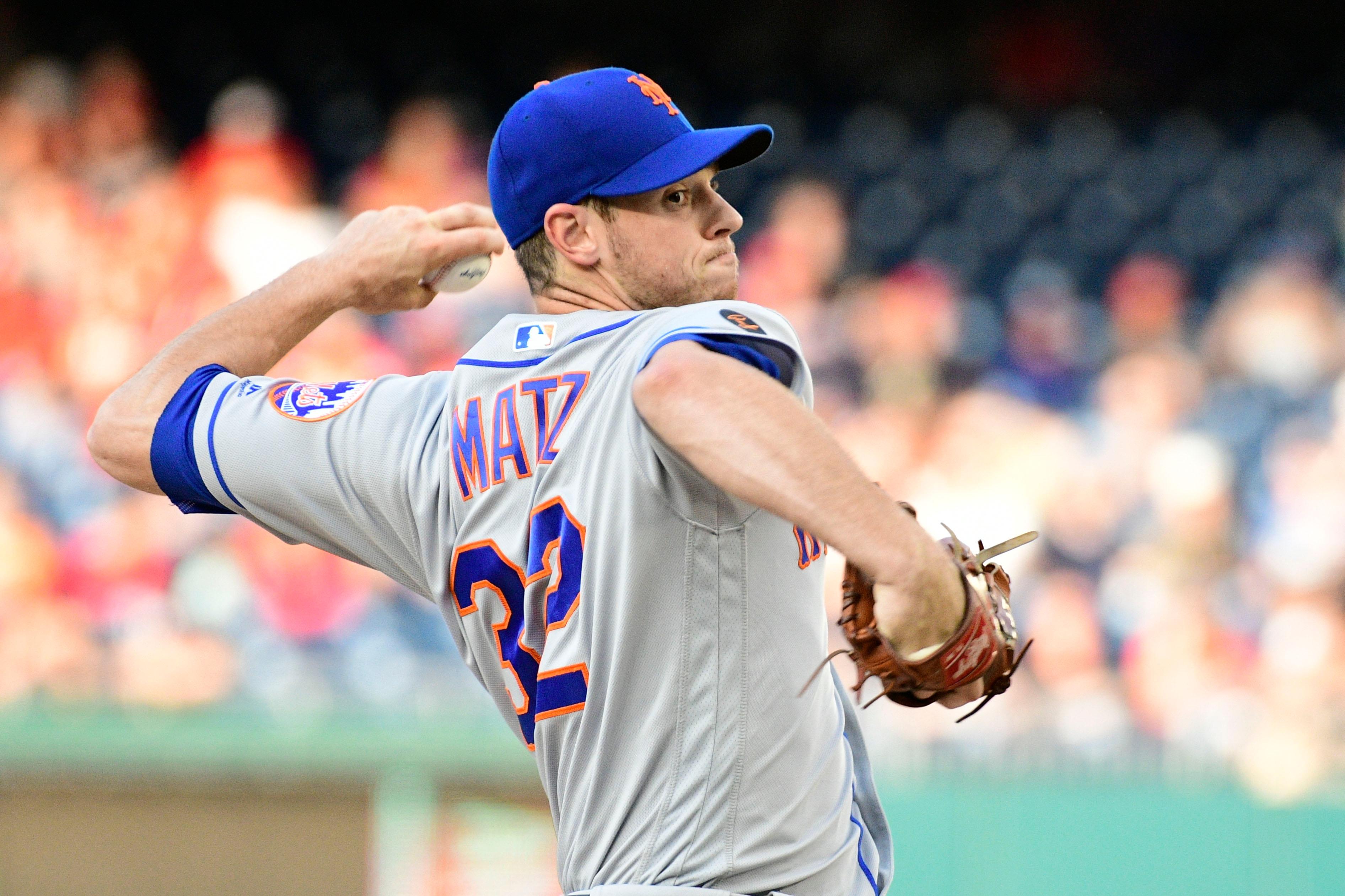 Jul 31, 2018; Washington, DC, USA; New York Mets starting pitcher Steven Matz (32) pitches during the second inning against the Washington Nationals at Nationals Park. Mandatory Credit: Tommy Gilligan-USA TODAY Sports