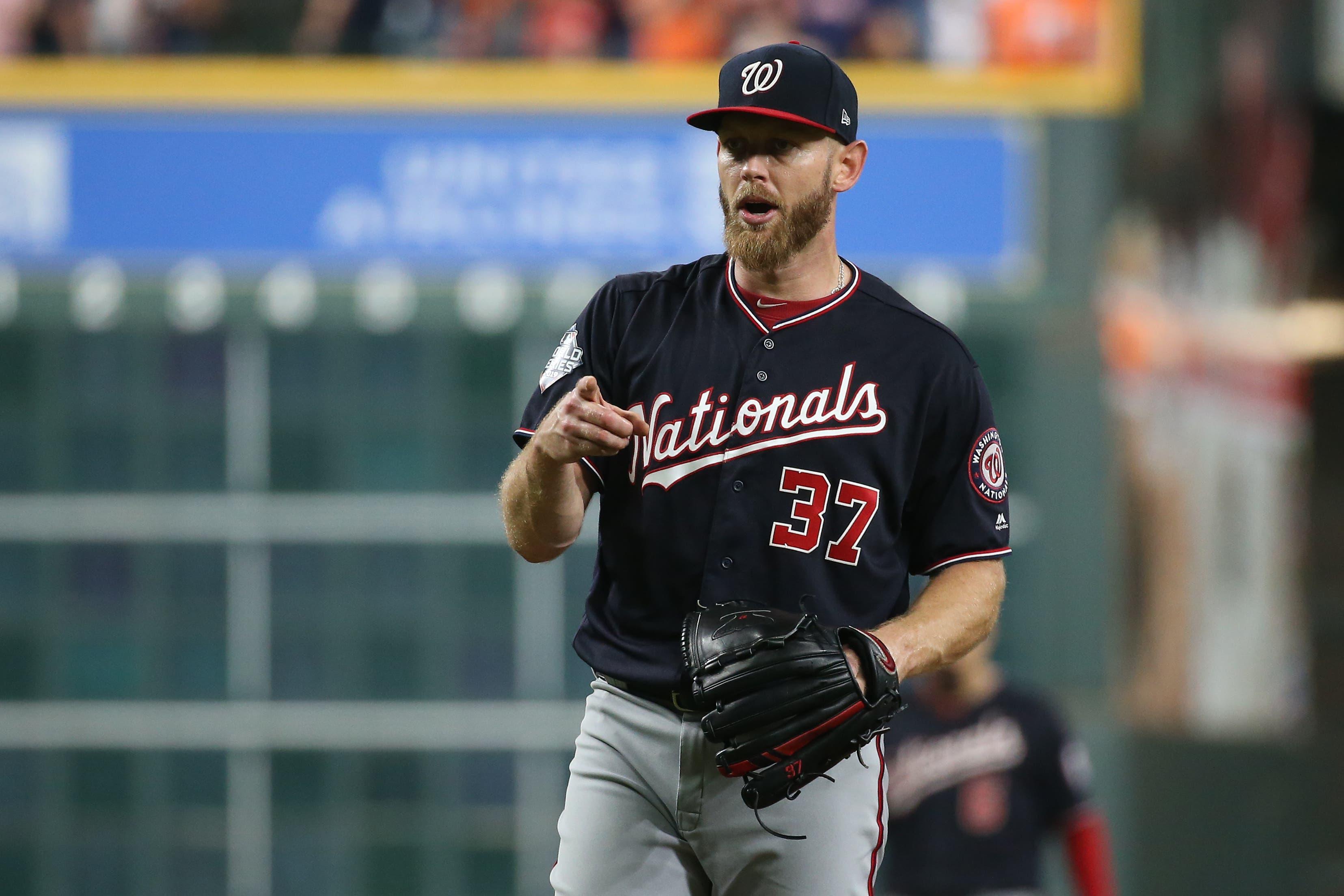 Oct 23, 2019; Houston, TX, USA; Washington Nationals starting pitcher Stephen Strasburg (37) after a pitch against the Houston Astros during the fifth inning of game two of the 2019 World Series at Minute Maid Park. Mandatory Credit: Troy Taormina-USA TODAY Sports / Troy Taormina