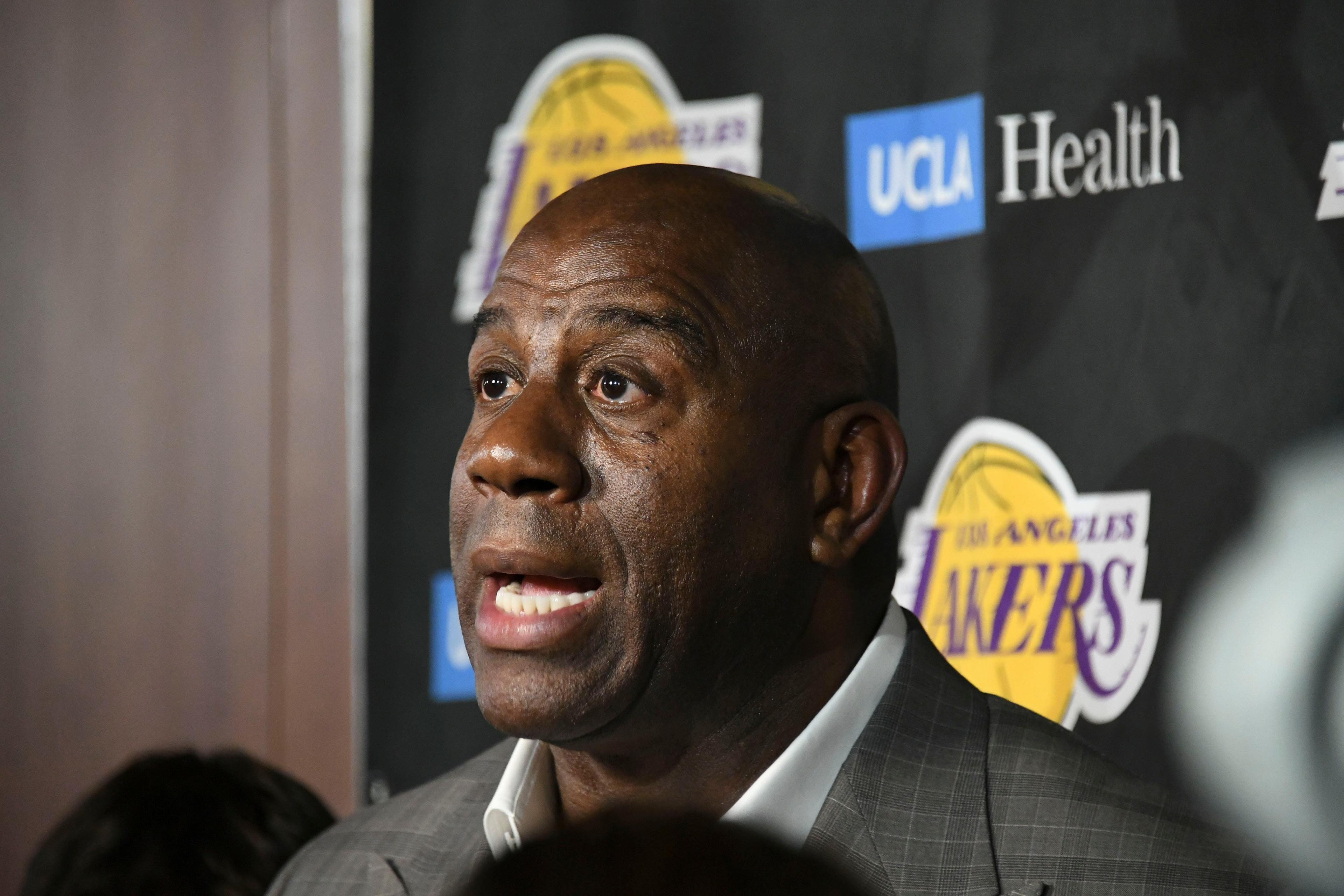 Apr 9, 2019; Los Angeles, CA, USA; Los Angeles Lakers president of basketball operations Magic Johnson speaks to the media before the game against the Portland Trail Blazers at Staples Center. Mandatory Credit: Richard Mackson-USA TODAY Sports / Richard Mackson