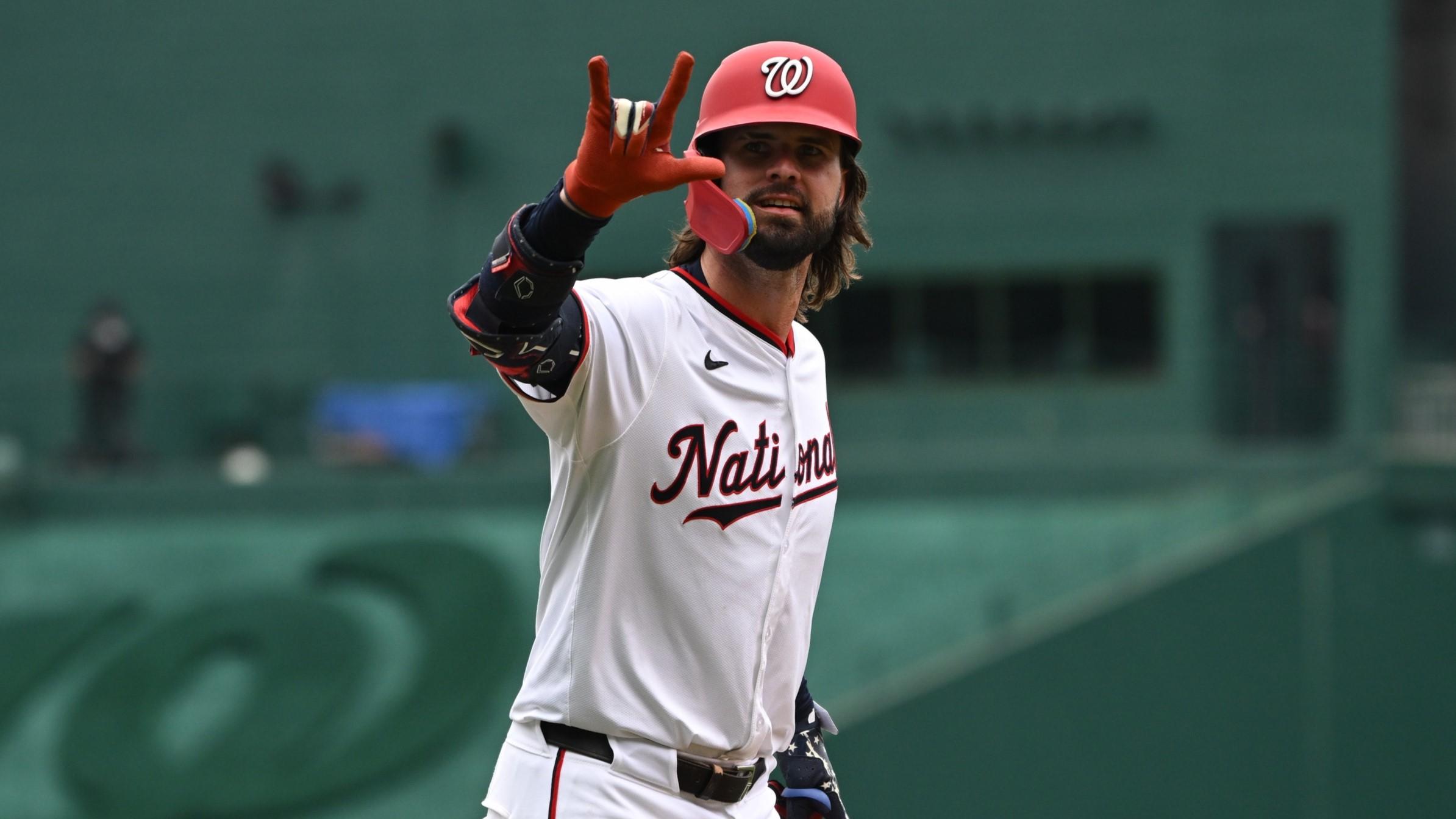 Jul 4, 2024; Washington, District of Columbia, USA; Washington Nationals left fielder Jesse Winker (6) celebrates as he rounds the bases after hitting a home run against the New York Mets during the eighth inning at Nationals Park. 