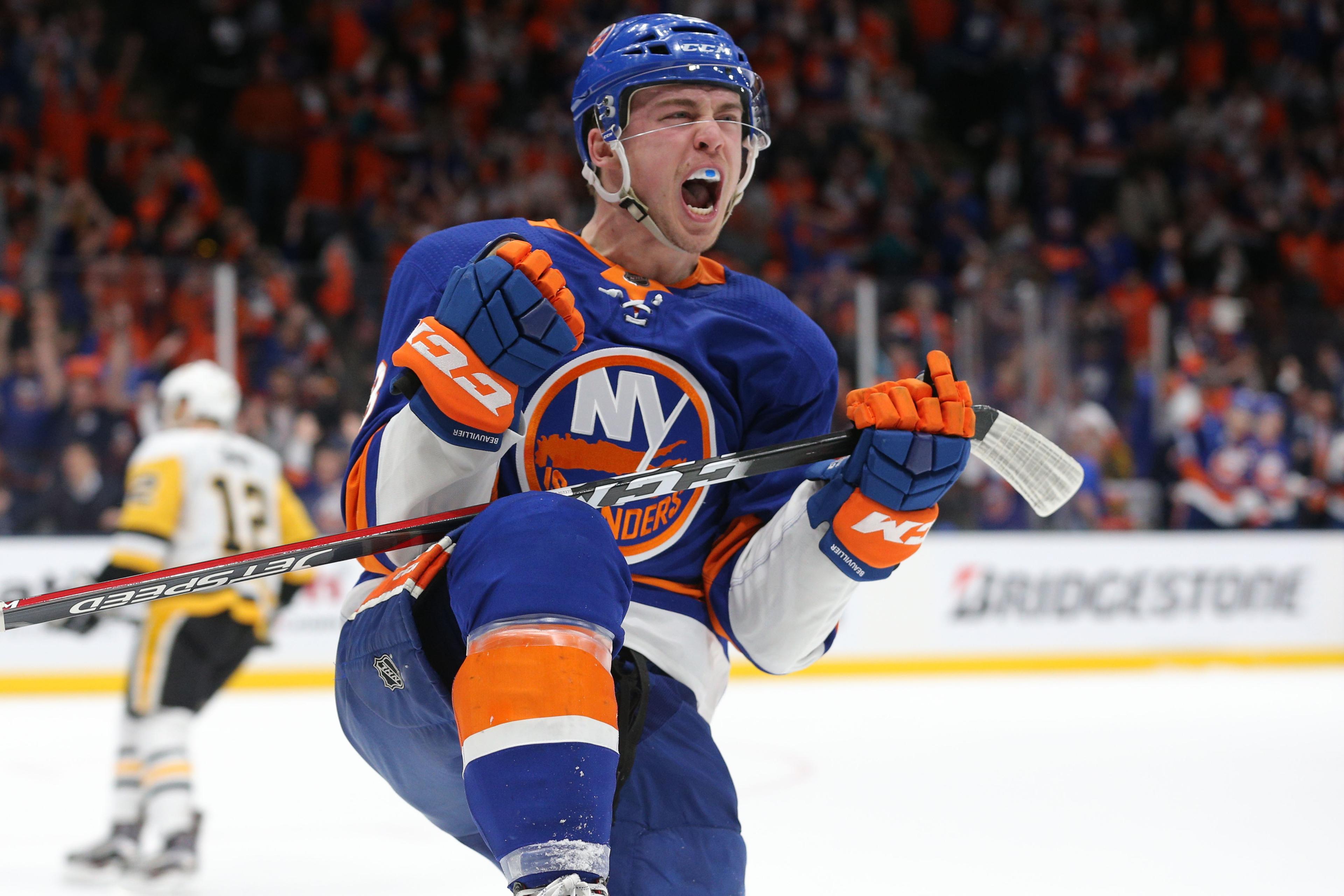 Apr 12, 2019; Uniondale, NY, USA; New York Islanders left wing Anthony Beauvillier (18) celebrates his goal against the Pittsburgh Penguins during the second period of game two of the first round of the 2019 Stanley Cup Playoffs at Nassau Veterans Memorial Coliseum. Mandatory Credit: Brad Penner-USA TODAY Sports