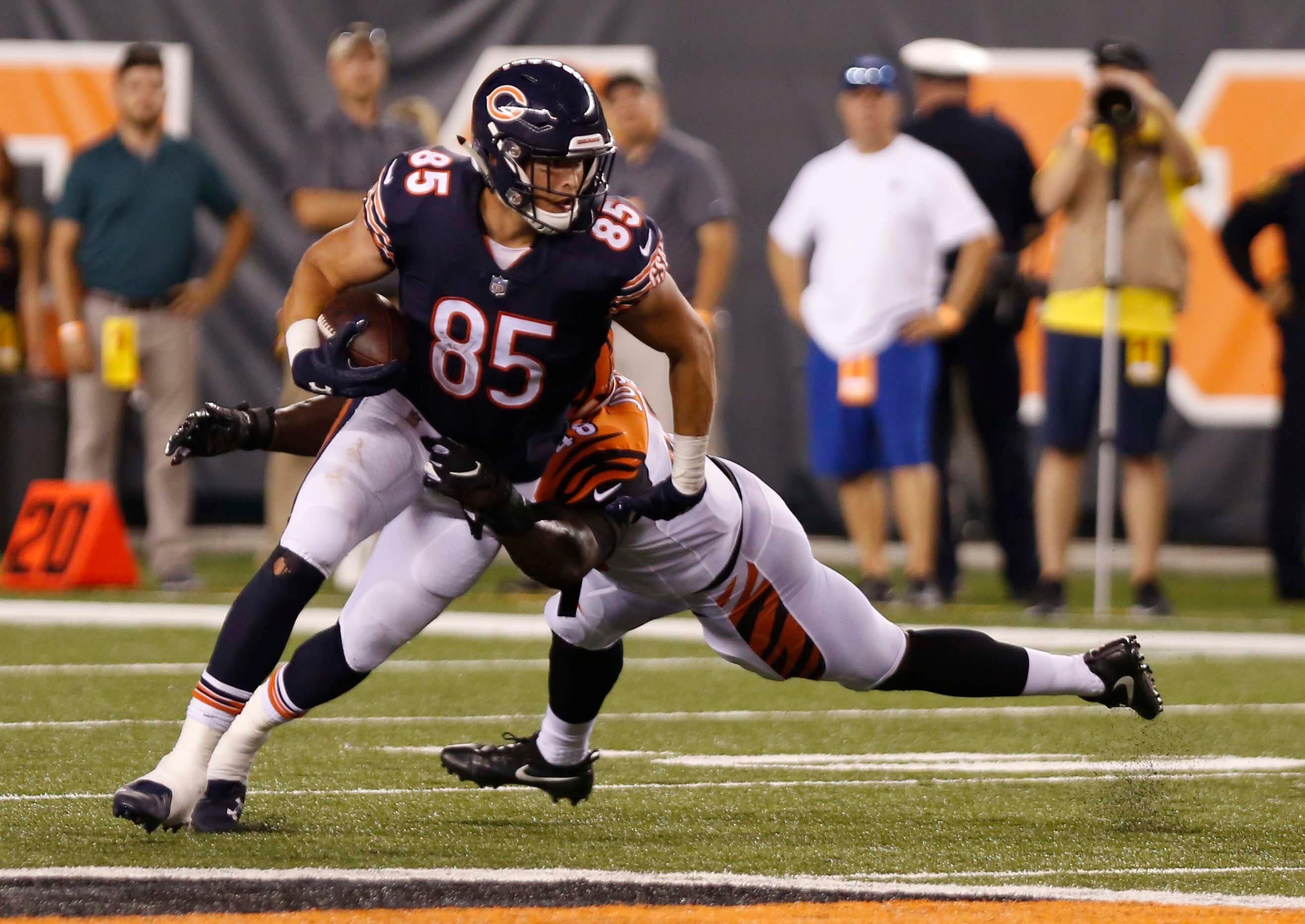 Aug 9, 2018; Cincinnati, OH, USA; Chicago Bears tight end Daniel Brown (85) runs against Cincinnati Bengals linebacker Junior Joseph (48) during the second half at Paul Brown Stadium. Mandatory Credit: David Kohl-USA TODAY Sports / David Kohl