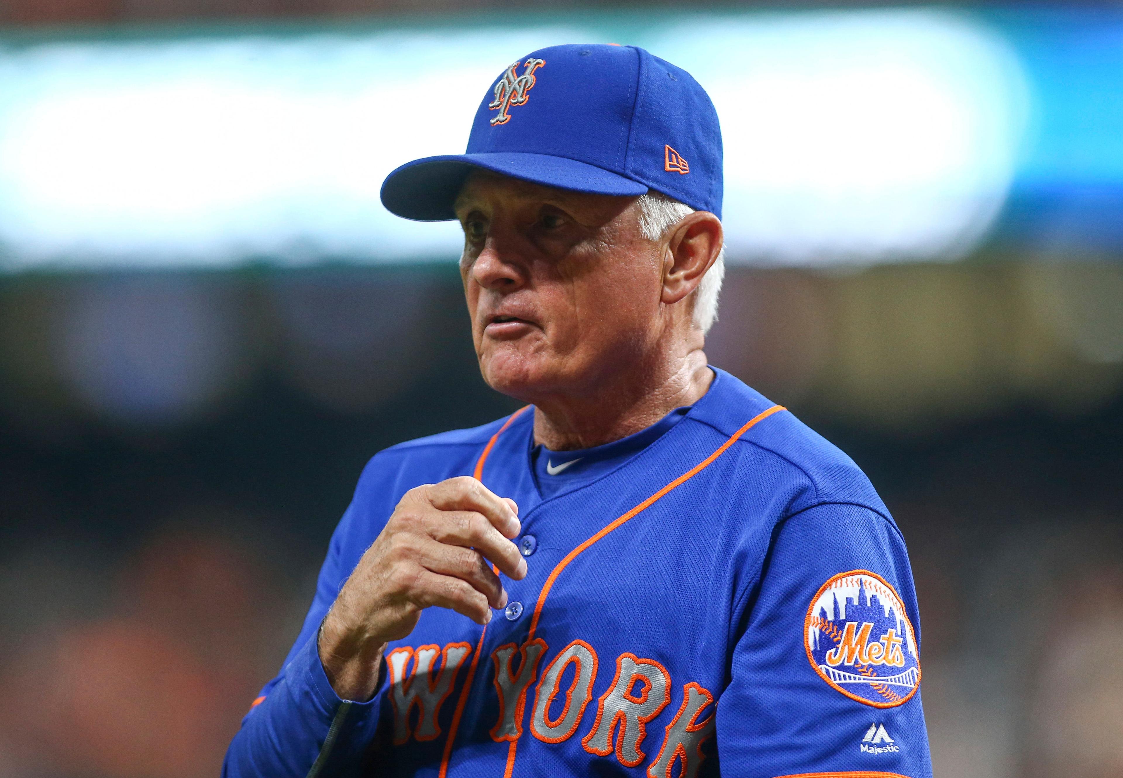 New York Mets manager Terry Collins calls for a pinch hitter after an apparent injury to third baseman Wilmer Flores during the fourth inning against the Houston Astros at Minute Maid Park.