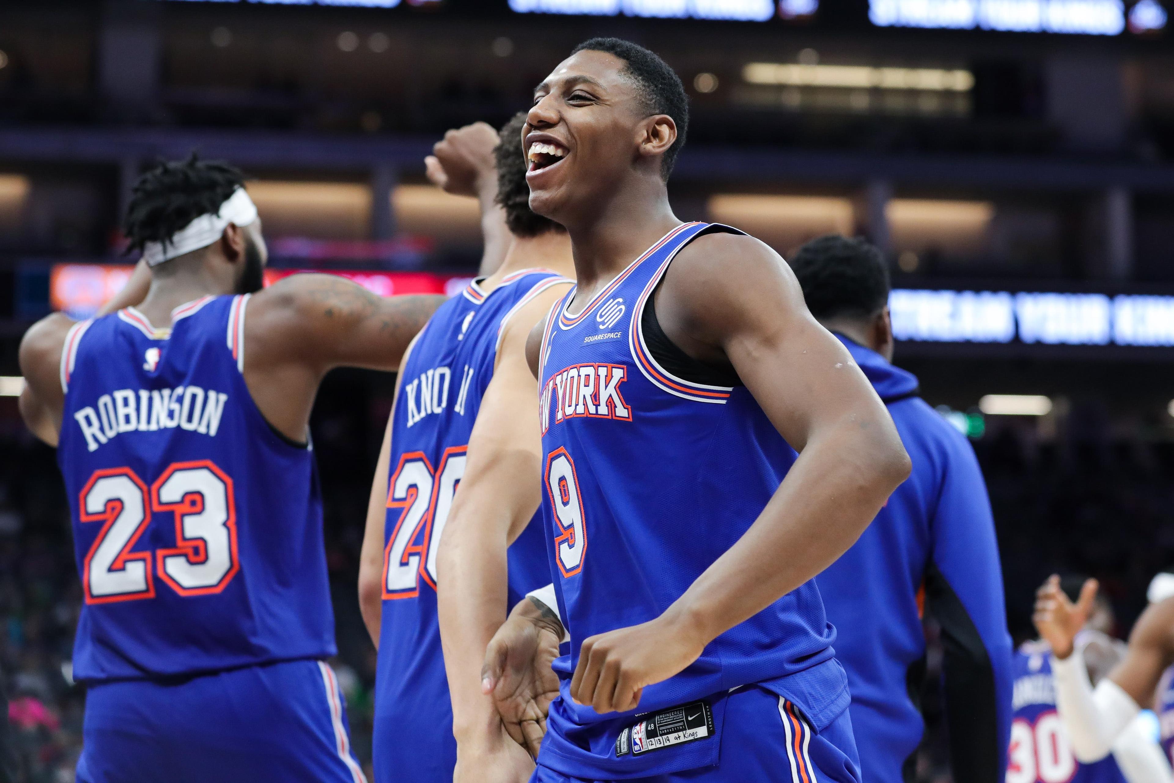 Dec 13, 2019; Sacramento, CA, USA; New York Knicks forward RJ Barrett (9) celebrates during the fourth quarter against the Sacramento Kings at Golden 1 Center. Mandatory Credit: Sergio Estrada-USA TODAY Sports / Sergio Estrada