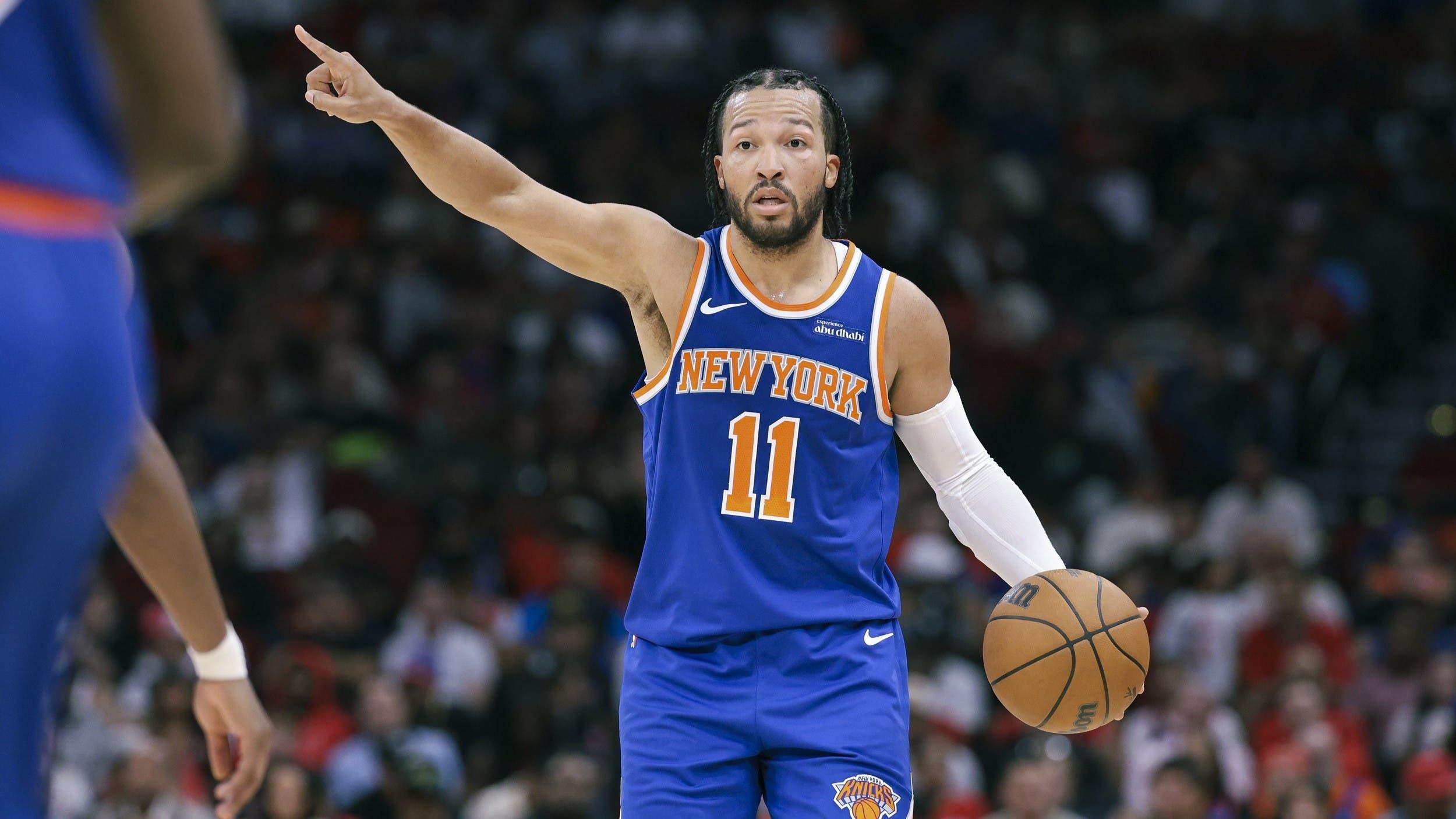 Nov 4, 2024; Houston, Texas, USA; New York Knicks guard Jalen Brunson (11) brings the ball up the court during the third quarter against the Houston Rockets at Toyota Center.