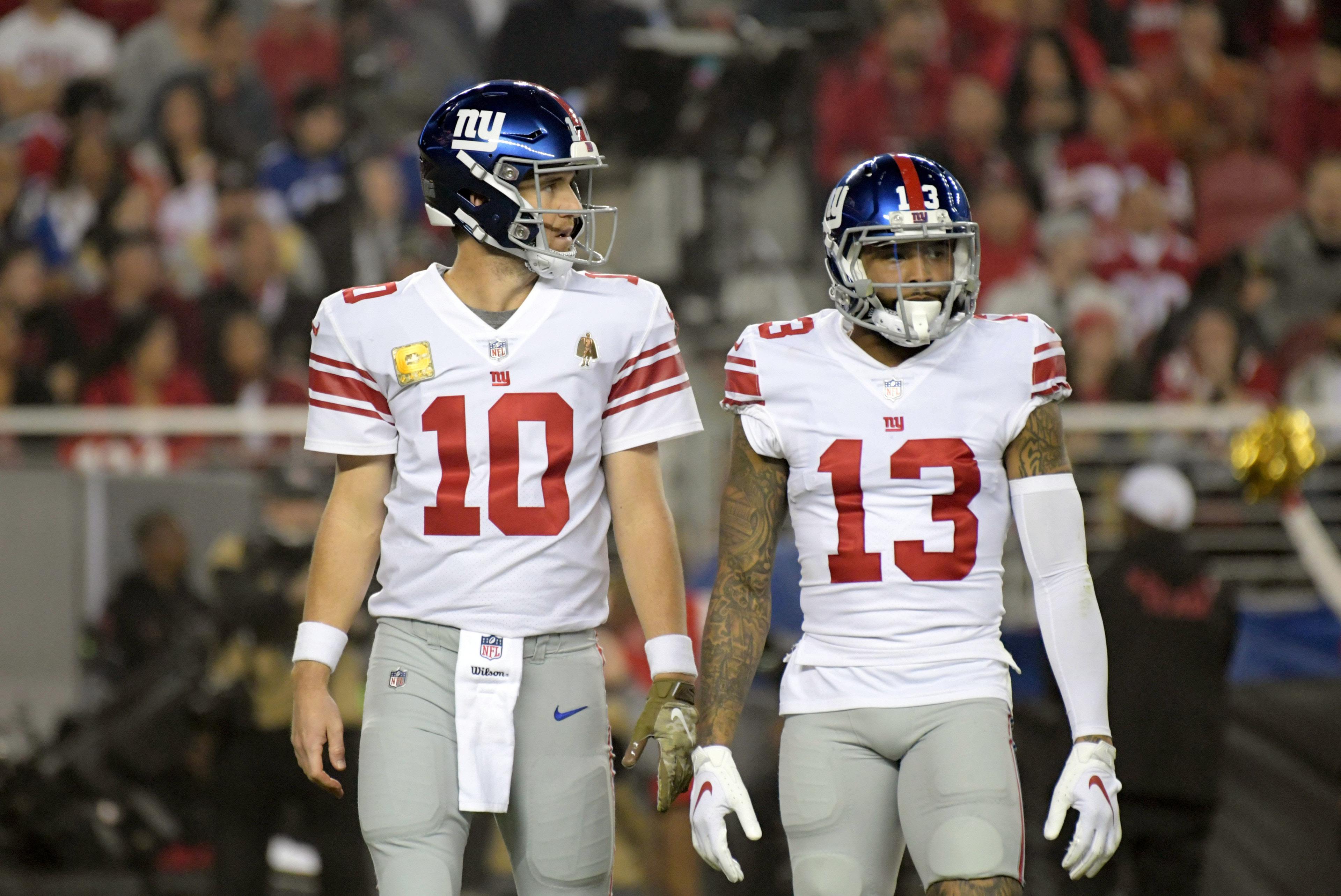 New York Giants quarterback Eli Manning and wide receiver Odell Beckham Jr. react in the second quarter against the San Francisco 49ers at Levi's Stadium. / Kirby Lee/USA TODAY Sports