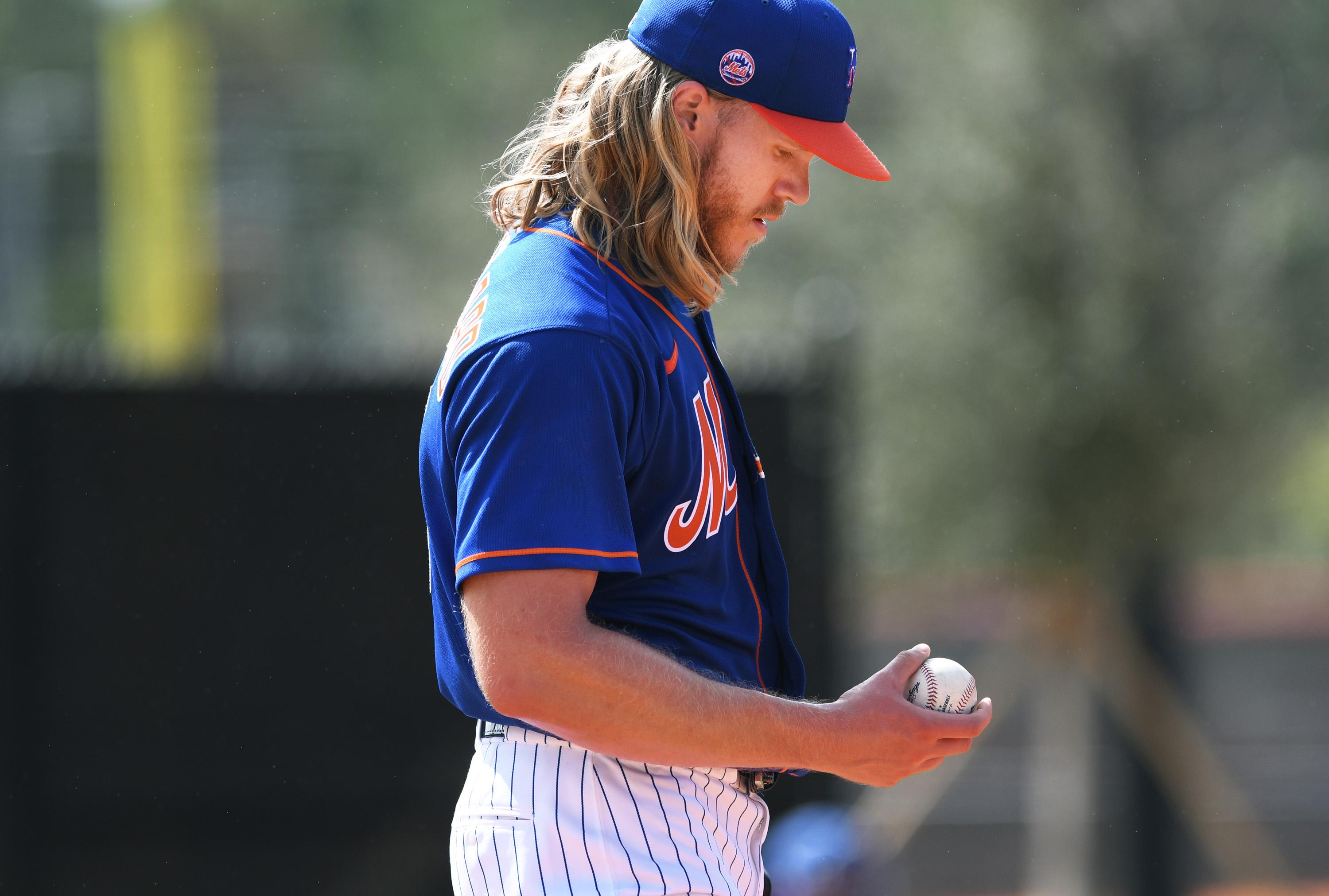 Feb 16, 2020; Port St. Lucie, Florida, USA; New York Mets pitcher Noah Syndergaard warms-up during a workout at spring training. Mandatory Credit: Jim Rassol-USA TODAY Sports