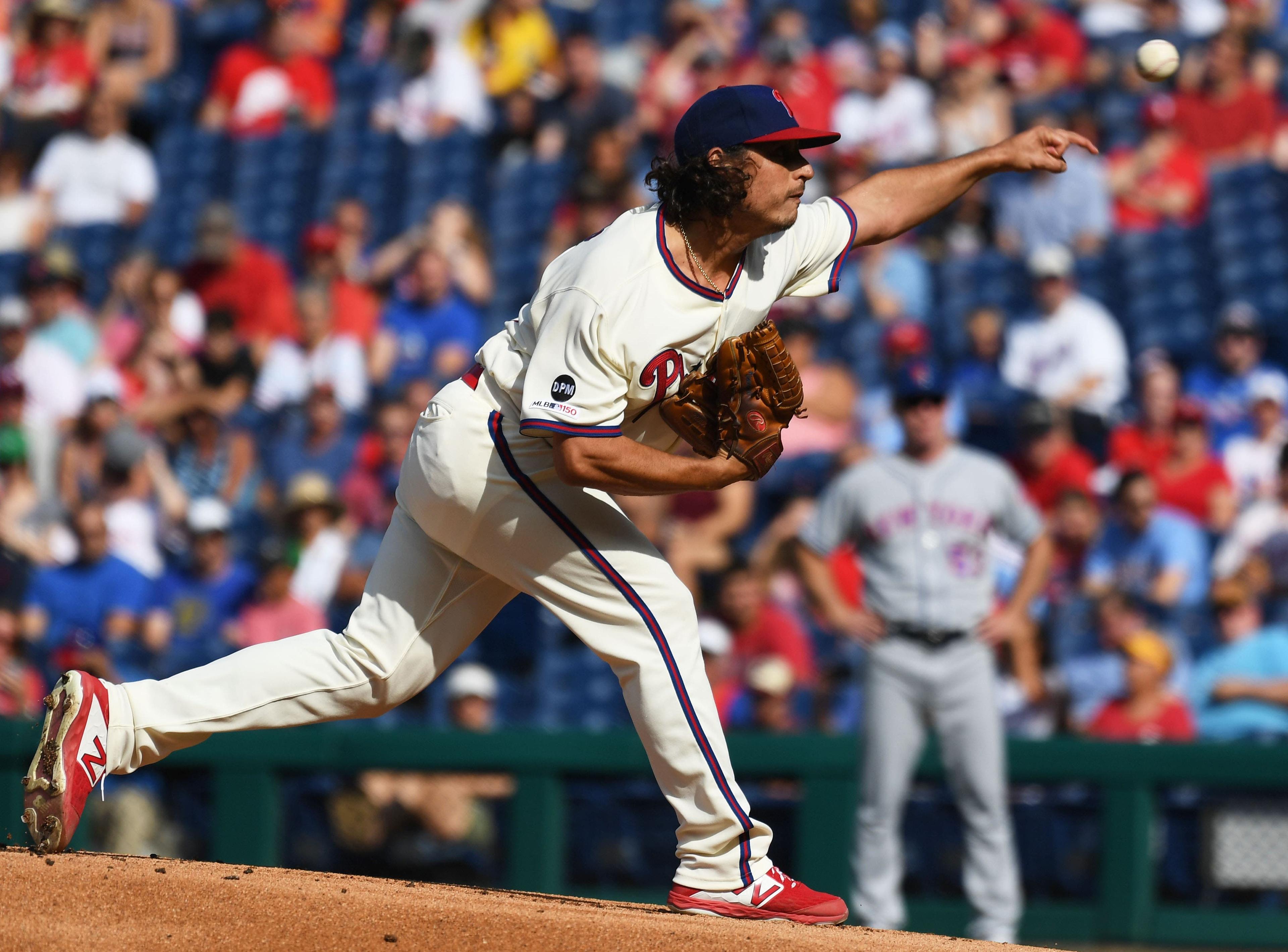 Aug 31, 2019; Philadelphia, PA, USA; Philadelphia Phillies starting pitcher Jason Vargas (44) pitches in the first inning against the New York Mets at Citizens Bank Park. Mandatory Credit: James Lang-USA TODAY Sports / James Lang