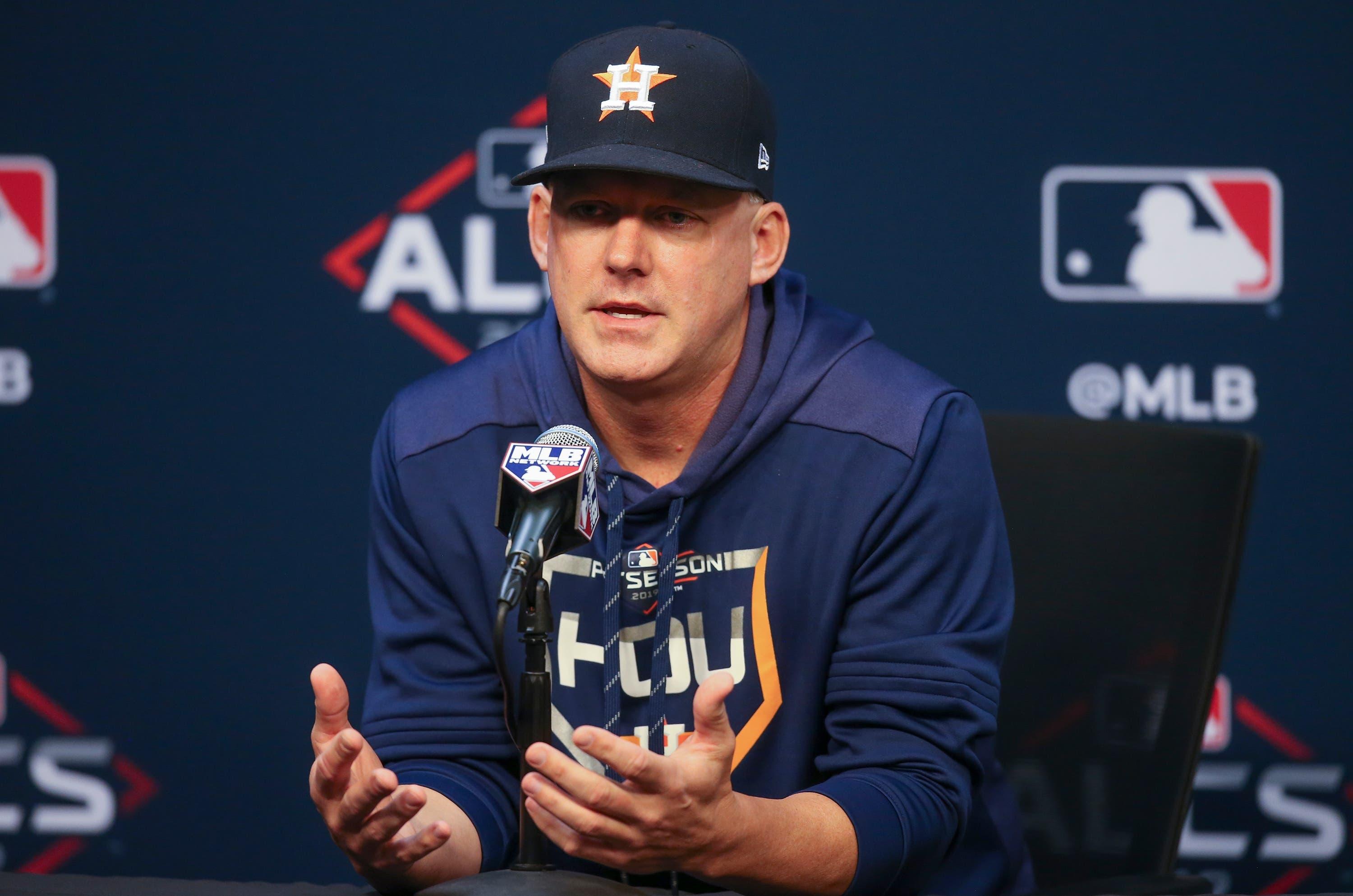 Oct 11, 2019; Houston, TX, USA; Houston Astros manager A.J. Hinch speaks to the media before the Houston Astros and New York Yankees work out at Minute Maid Park. Mandatory Credit: Thomas B. Shea-USA TODAY Sports / Thomas Shea