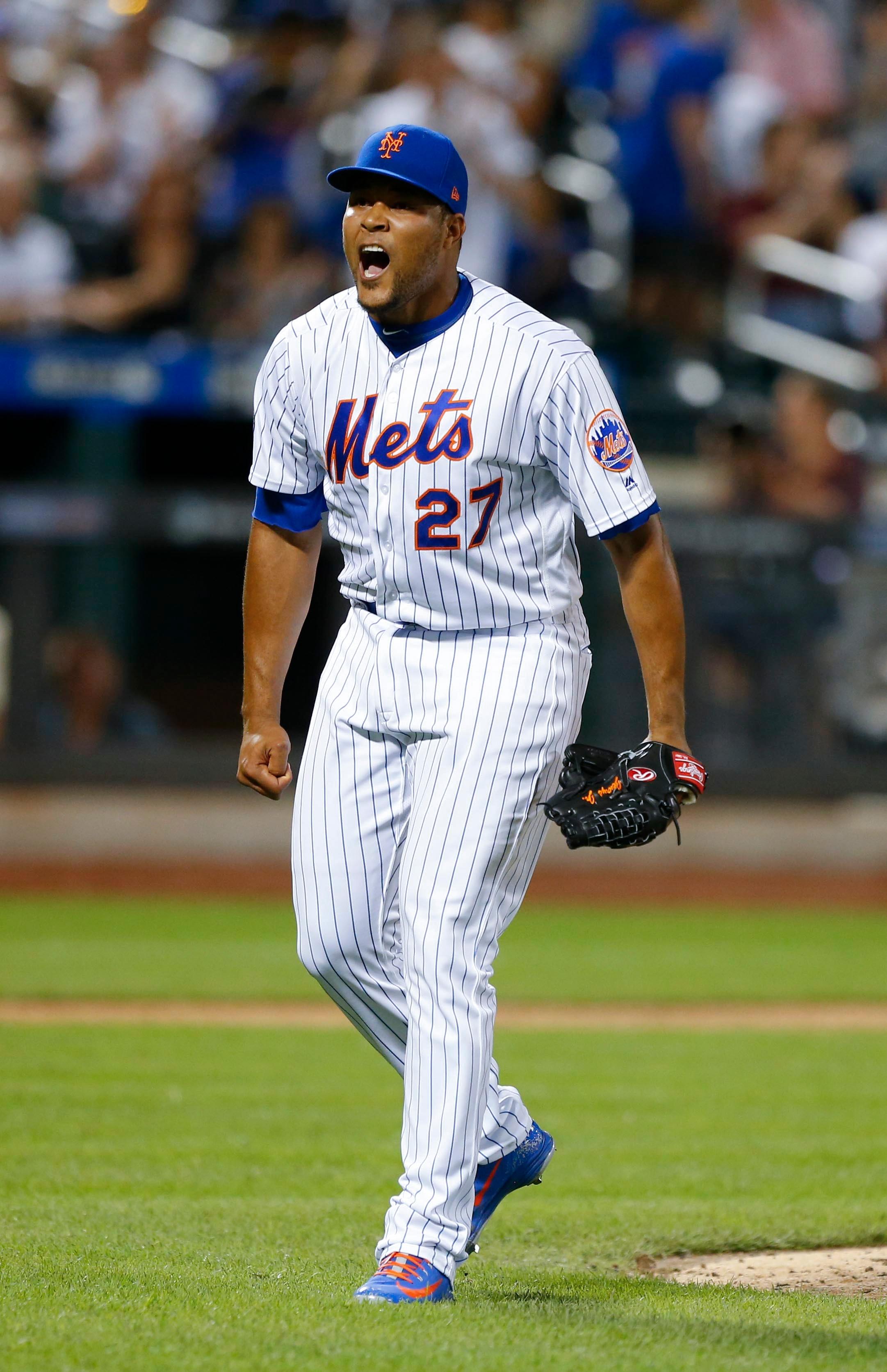 Jul 6, 2018; New York City, NY, USA; New York Mets relief pitcher Jeurys Familia (27) reacts after retiring the Tampa Bay Rays in the ninth inning at Citi Field. Mandatory Credit: Noah K. Murray-USA TODAY Sports