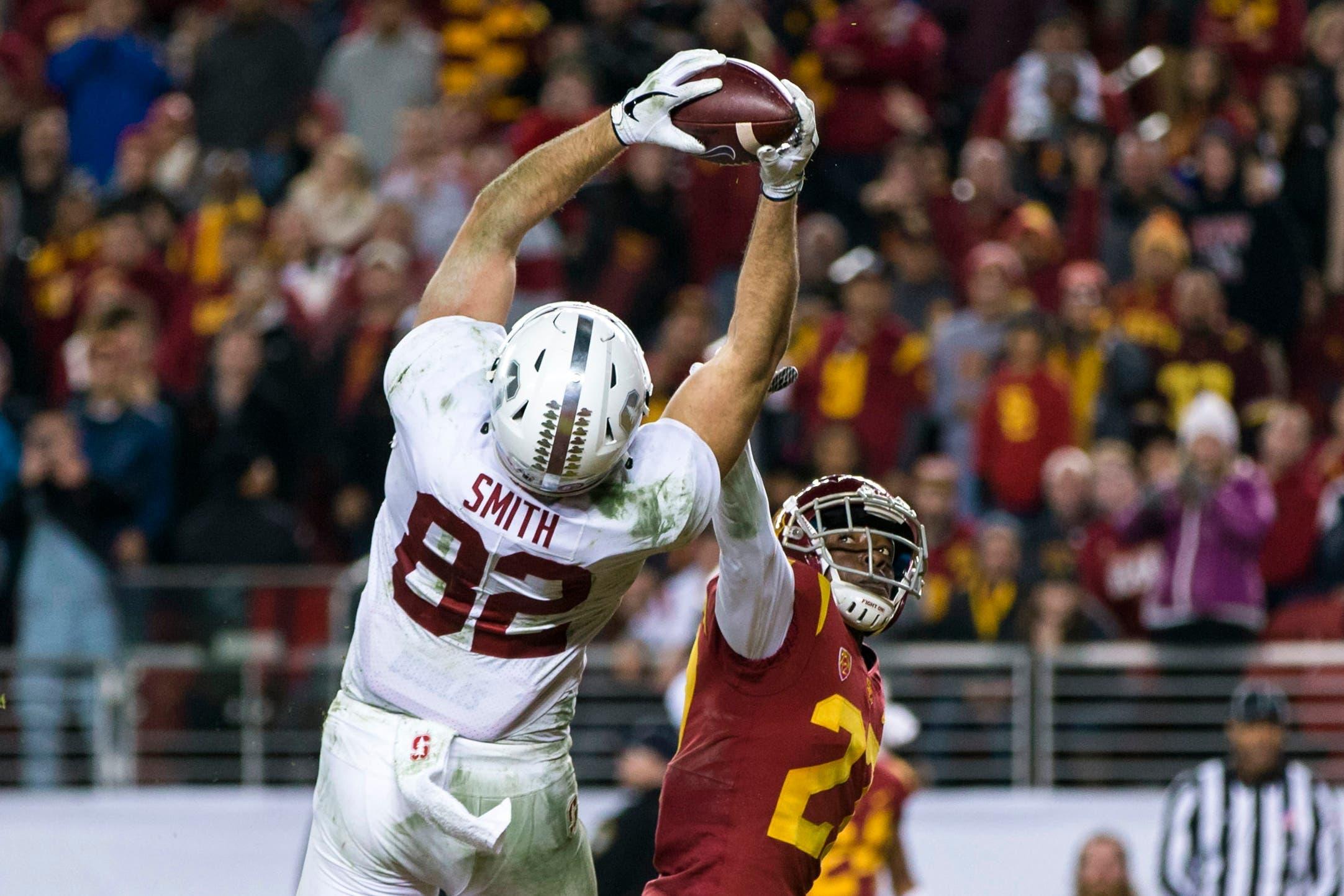 Dec 1, 2017; Santa Clara, CA, USA; Stanford Cardinal tight end Kaden Smith (82) catches a pass for a touchdown against the USC Trojans in the third quarter of the Pac-12 Conference championship game at Levi's Stadium. Mandatory Credit: John Hefti-USA TODAY Sports / John Hefti