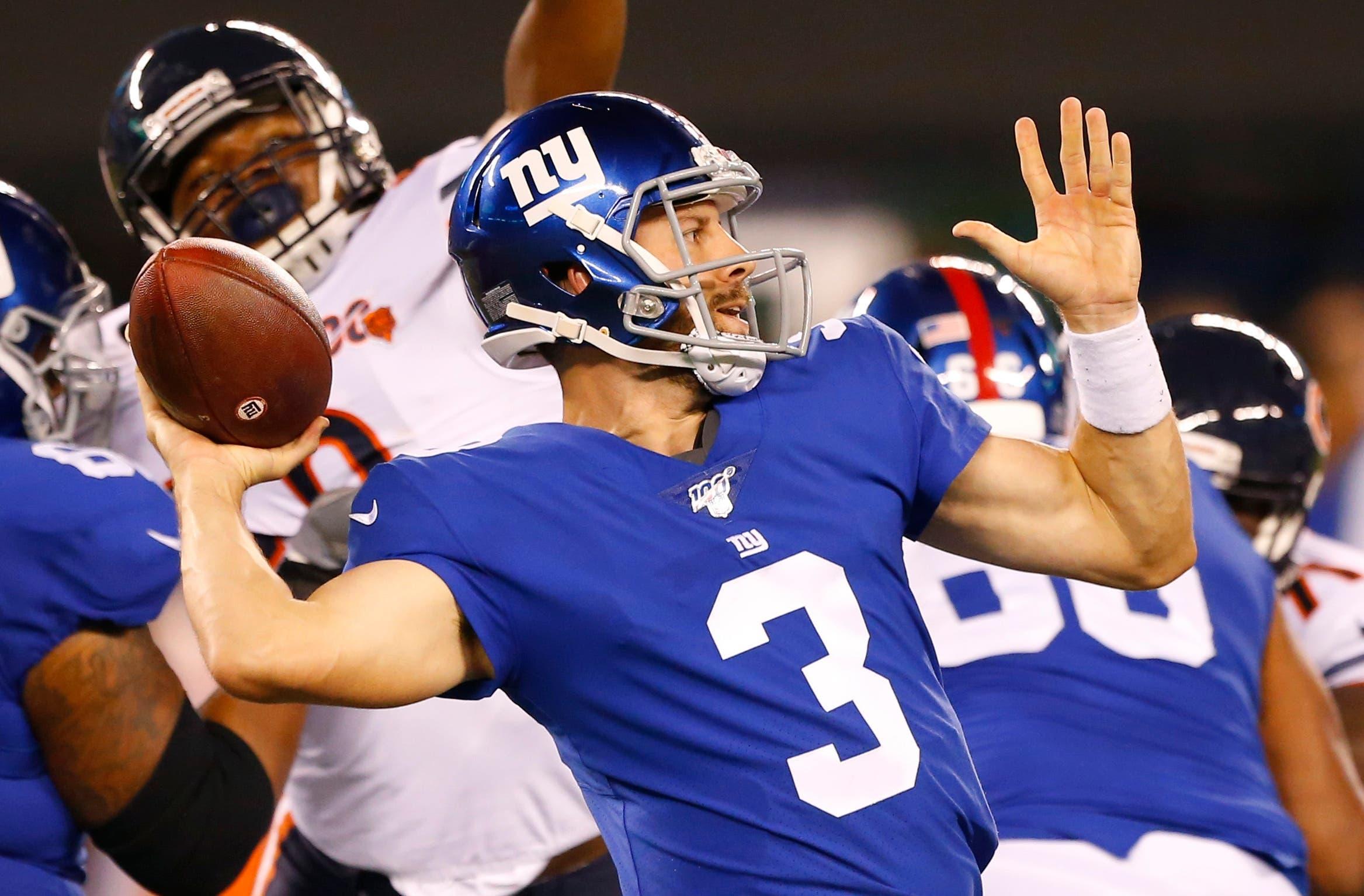 Aug 16, 2019; East Rutherford, NJ, USA; New York Giants quarterback Alex Tanney (3) throws a pass against the Chicago Bears during the second half at MetLife Stadium. Mandatory Credit: Noah K. Murray-USA TODAY Sports / Noah K. Murray