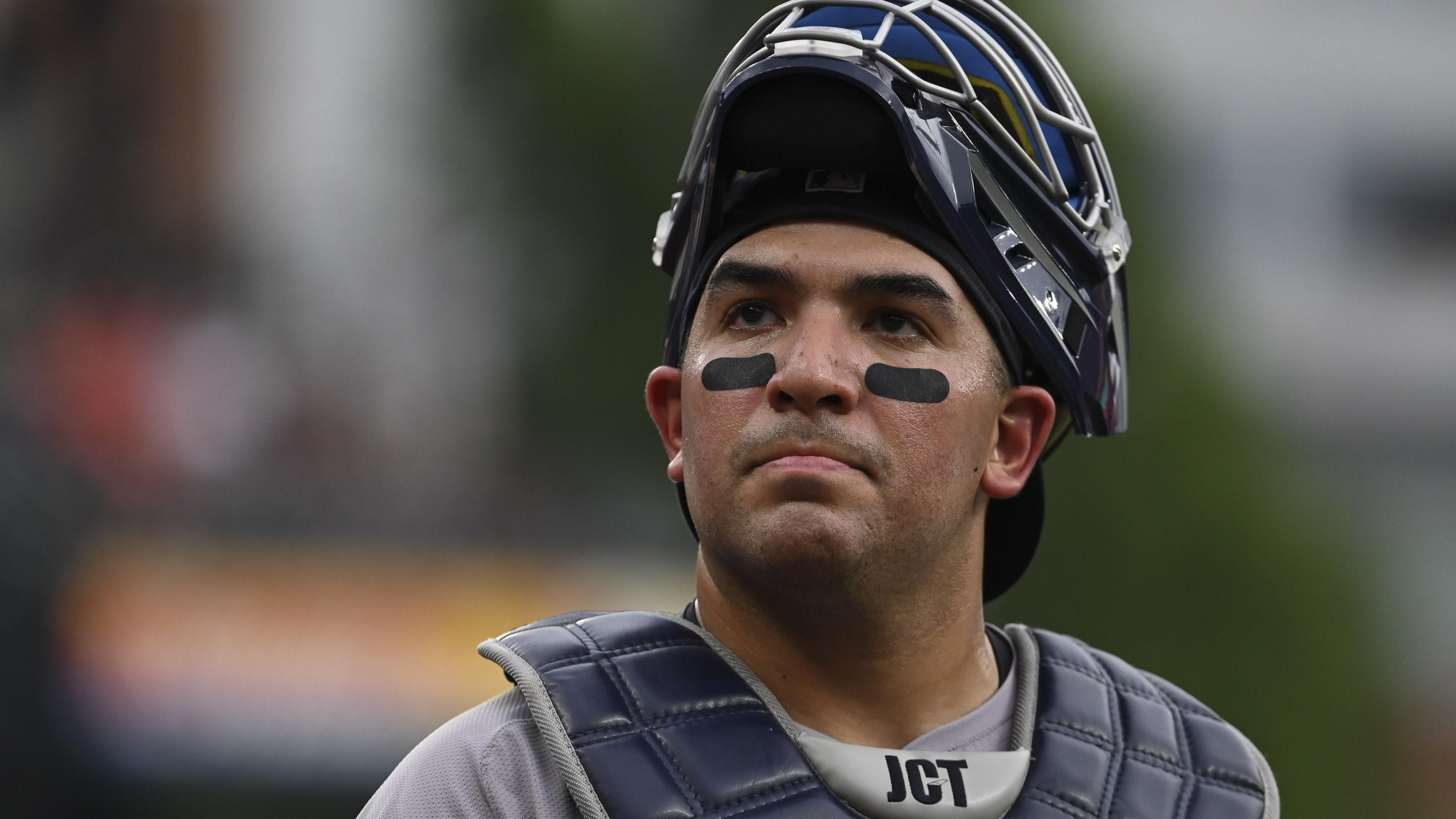 Jul 12, 2024; Baltimore, Maryland, USA; New York Yankees catcher Jose Trevino (39) before the game against the Baltimore Orioles at Oriole Park at Camden Yards.