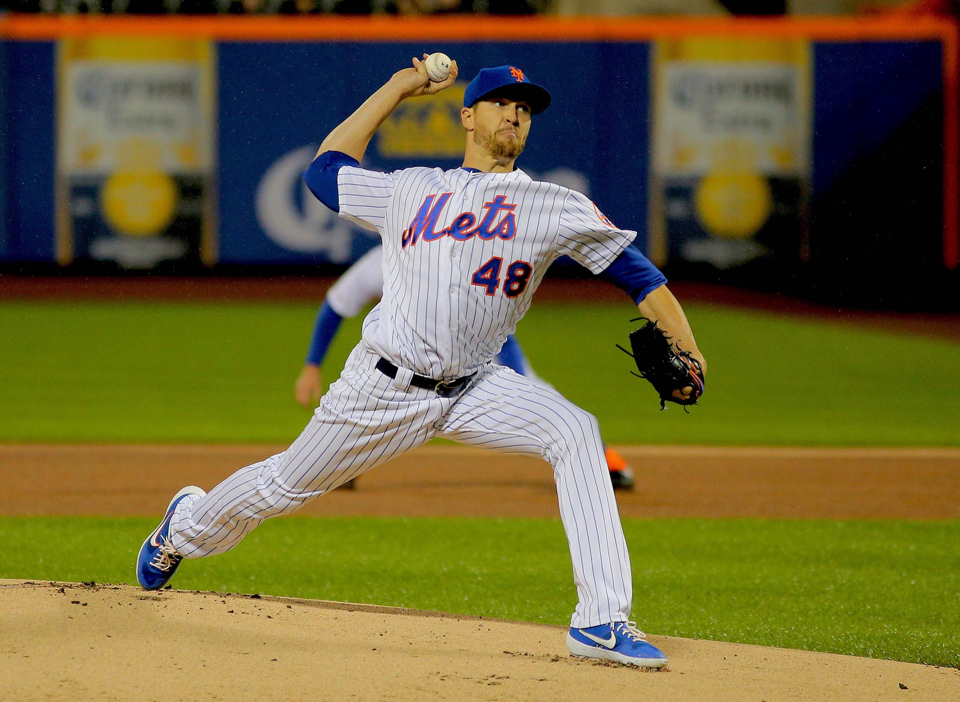 Apr 26, 2019; New York City, NY, USA; New York Mets starting pitcher Jacob deGrom (48) pitches against the Milwaukee Brewers during the first inning at Citi Field. Mandatory Credit: Andy Marlin-USA TODAY Sports / Andy Marlin