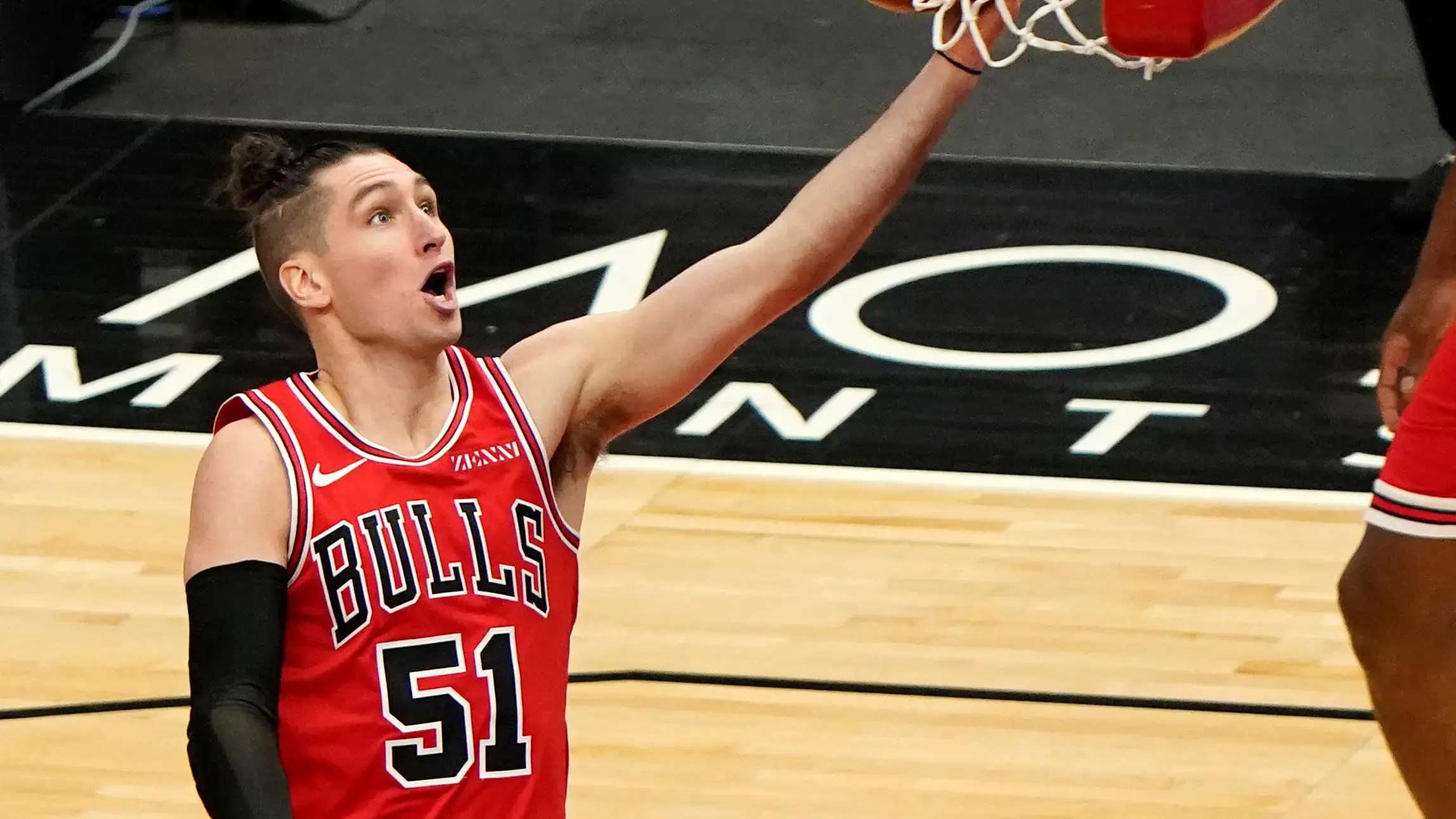 Feb 20, 2021; Chicago, Illinois, USA; Chicago Bulls guard Ryan Arcidiacono (51) shoots the ball against Sacramento Kings guard Justin James (10) during the first quarter at the United Center. Mandatory Credit: Mike Dinovo-USA TODAY Sports / Mike Dinovo-USA TODAY Sports