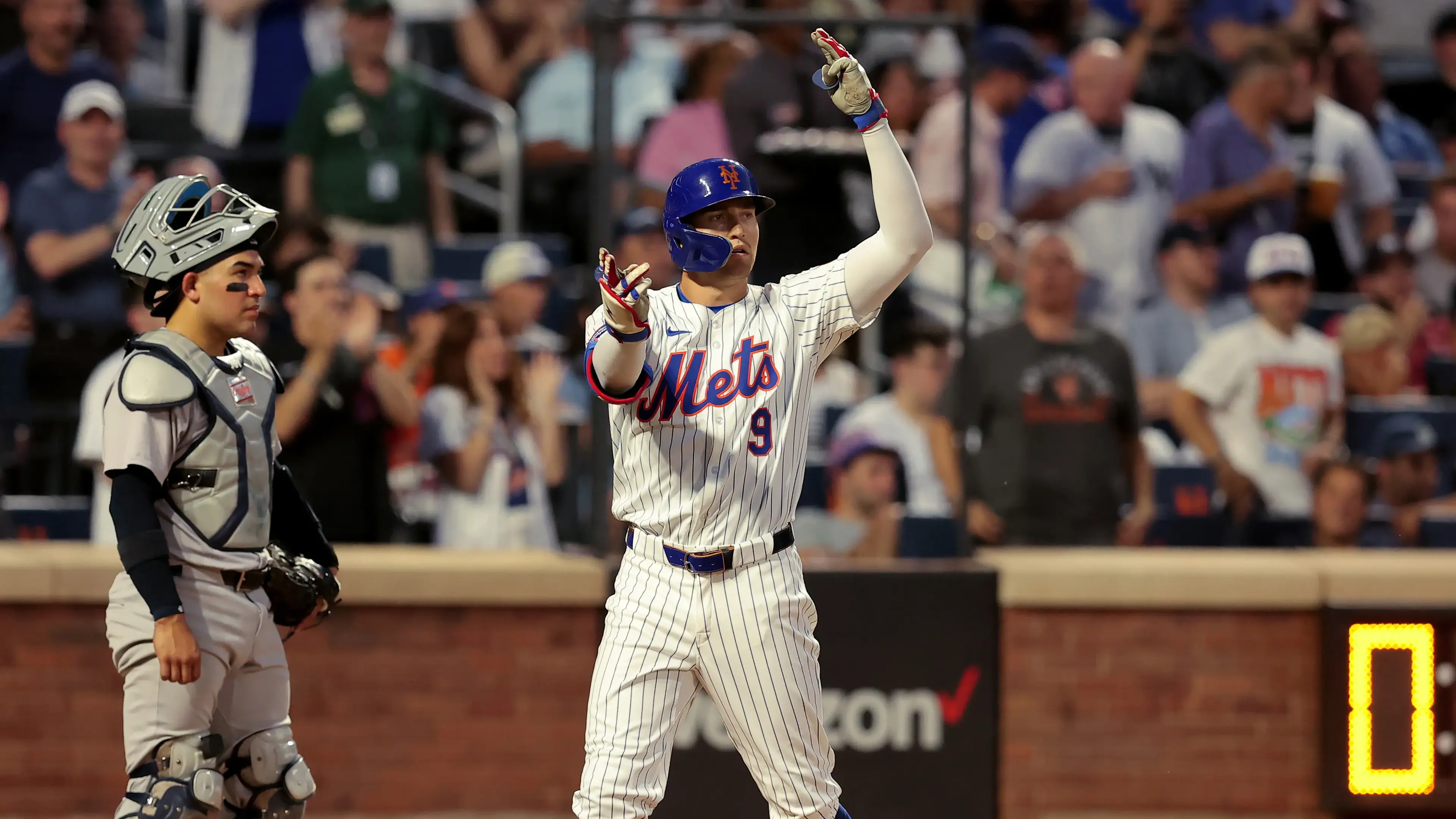 Jun 25, 2024; New York City, New York, USA; New York Mets left fielder Brandon Nimmo (9) reacts after hitting a two run home run against the New York Yankees during the fourth inning at Citi Field. / Brad Penner - USA TODAY Sports