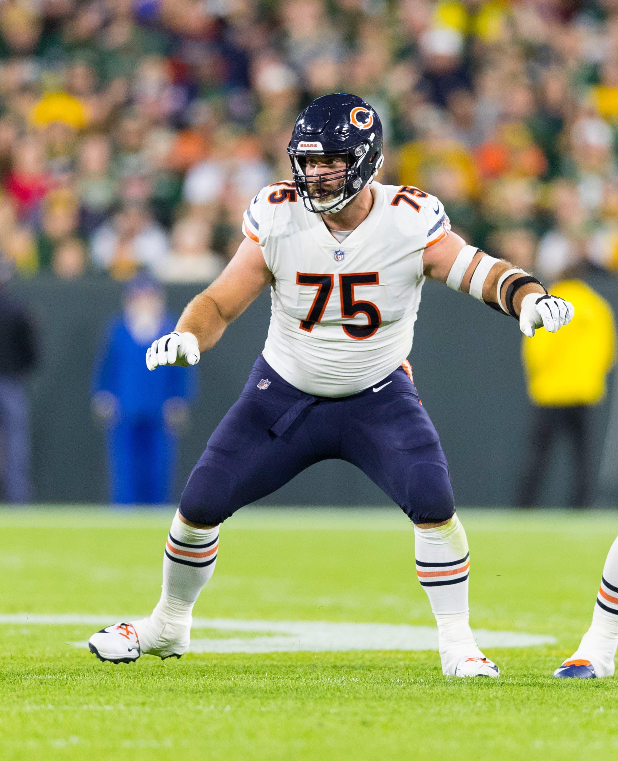 Sep 9, 2018; Green Bay, WI, USA; Chicago Bears guard Kyle Long (75) during the game against the Green Bay Packers at Lambeau Field. Mandatory Credit: Jeff Hanisch-USA TODAY Sports / Jeff Hanisch