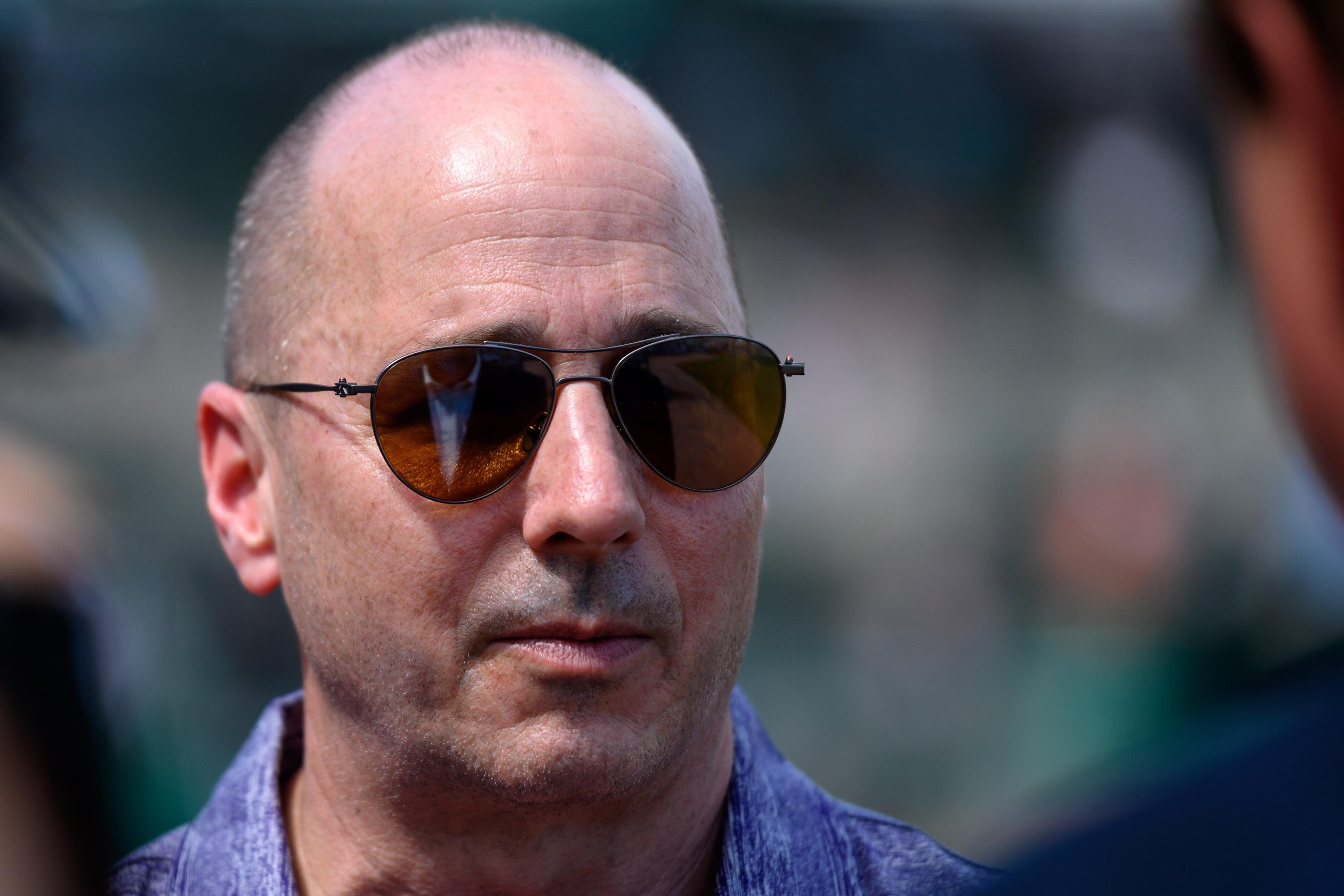 Feb 23, 2019; Fort Myers, FL, USA; New York Yankees general manager Brian Cashman being interviewed prior to the game between the Boston Red Sox and the New York Yankees at JetBlue Park. Mandatory Credit: Douglas DeFelice-USA TODAY Sports / Douglas DeFelice