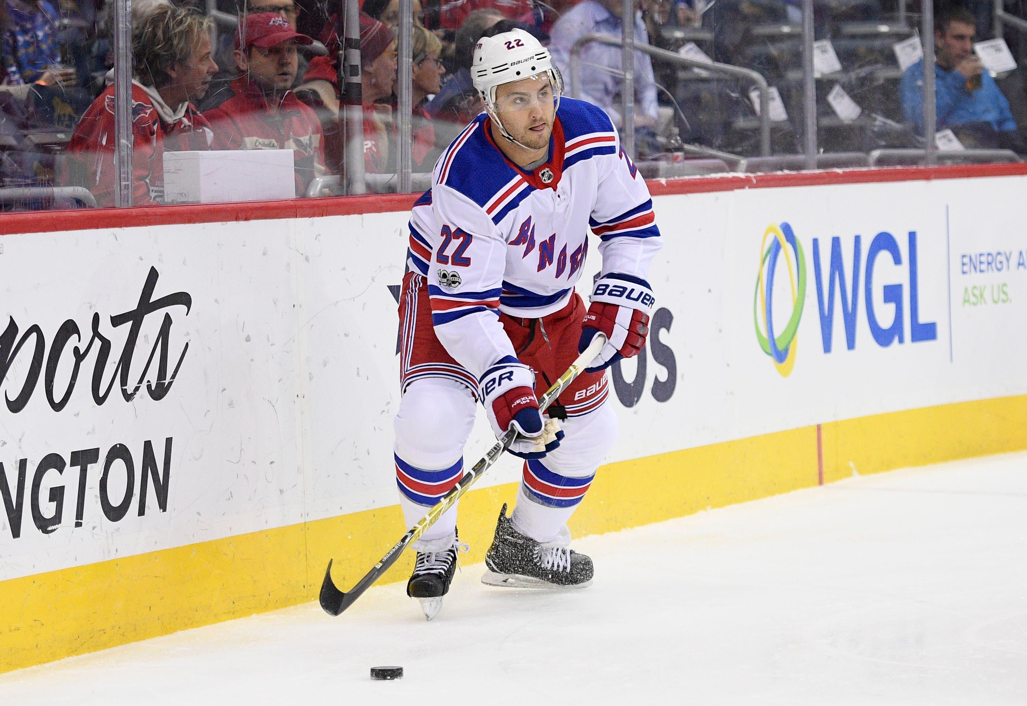 New York Rangers defenseman Kevin Shattenkirk (22) skates with the puck during the first period of an NHL hockey game against the Washington Capitals, Friday, Dec. 8, 2017, in Washington. (AP Photo/Nick Wass) / Nick Wass/AP