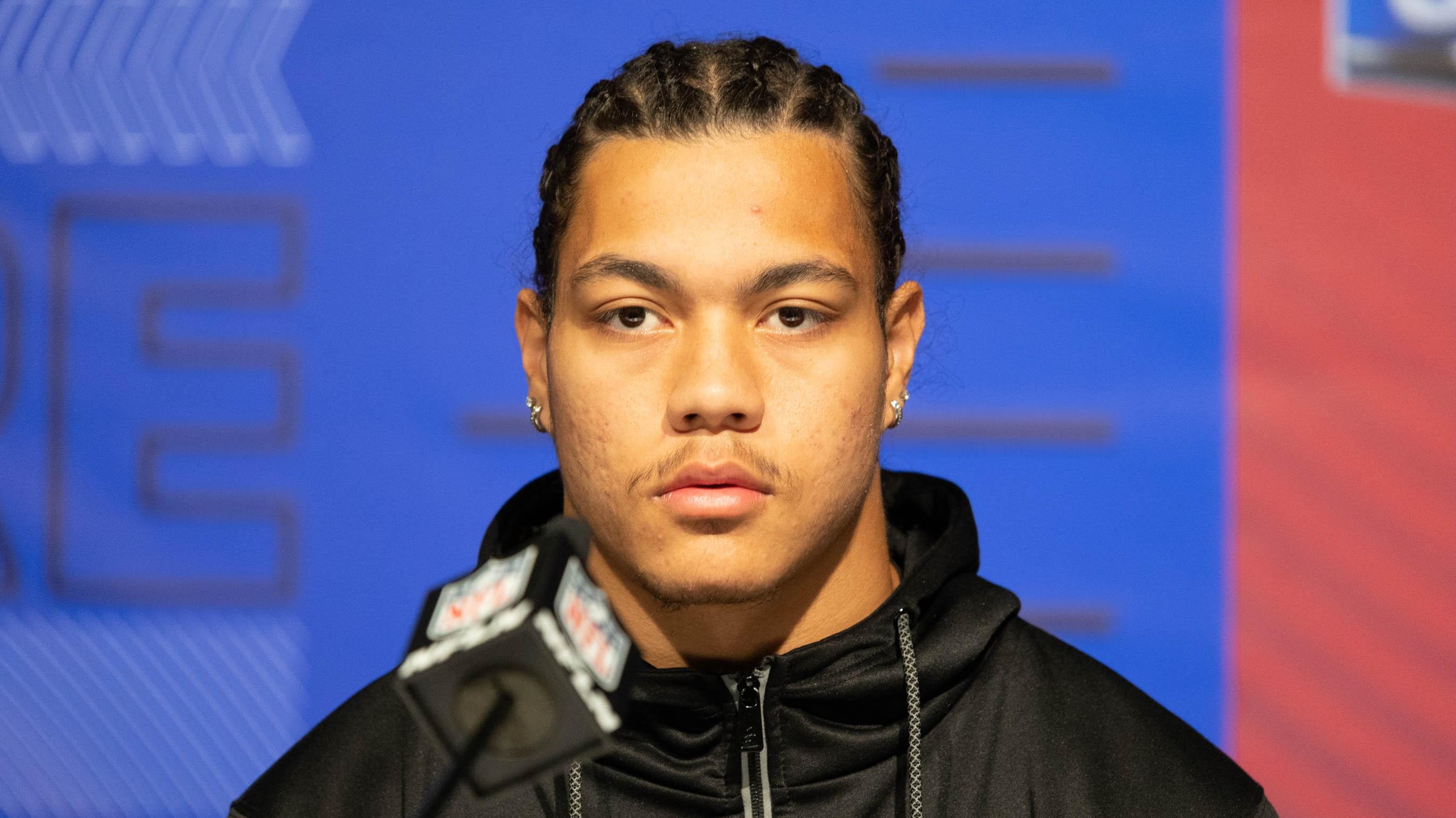 Iowa defensive back Dane Belton (DB42) talks to the media during the 2022 NFL Scouting Combine at Lucas Oil Stadium.