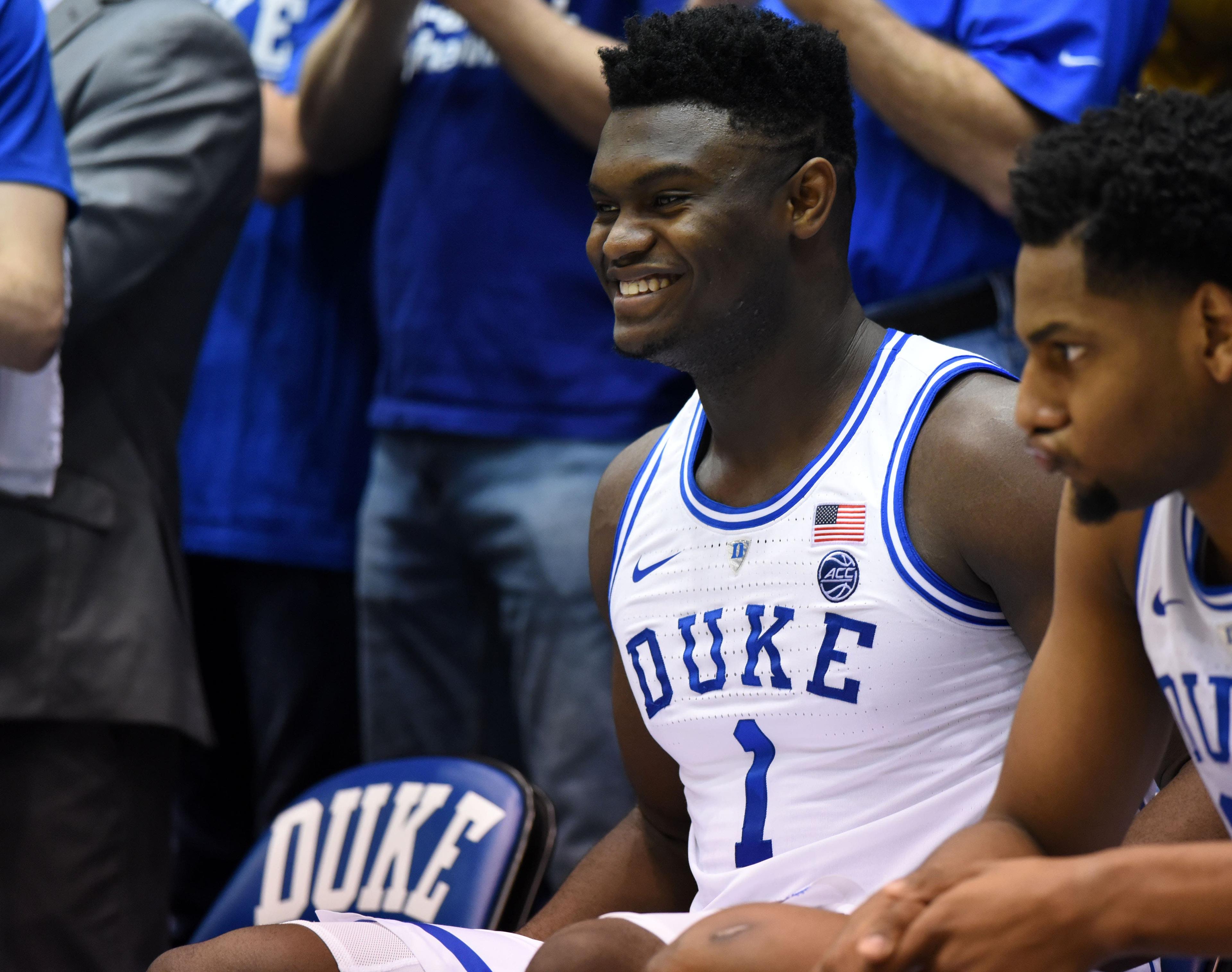 Duke Blue Devils forward Zion Williamson looks on during player introductions prior to the game against the Boston College Eagles at Cameron Indoor Stadium. / Rob Kinnan/USA TODAY Sports