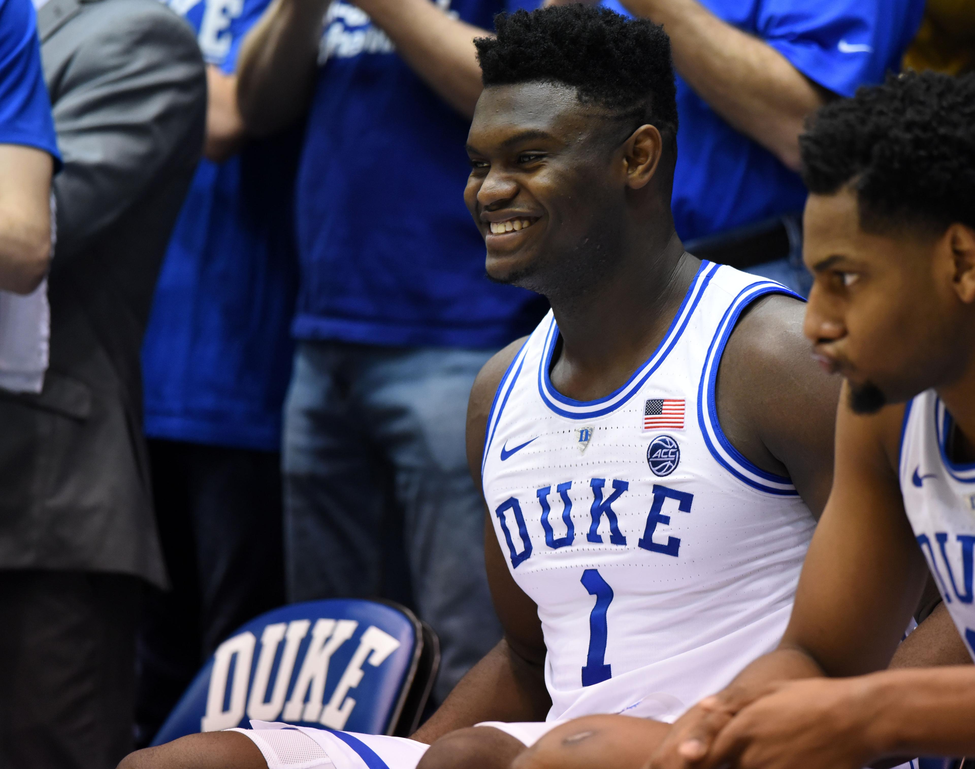 Duke Blue Devils forward Zion Williamson looks on during player introductions prior to the game against the Boston College Eagles at Cameron Indoor Stadium.