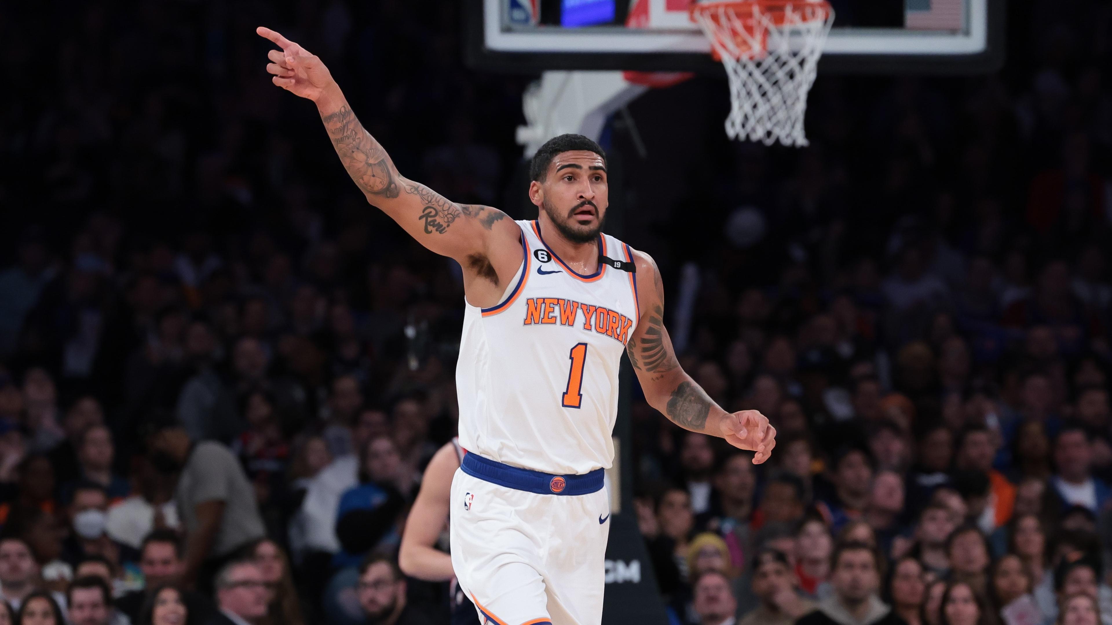 Apr 2, 2023; New York, New York, USA; New York Knicks forward Obi Toppin (1) reacts during the second half against the Washington Wizards at Madison Square Garden. Mandatory Credit: Vincent Carchietta-USA TODAY Sports / © Vincent Carchietta-USA TODAY Sports