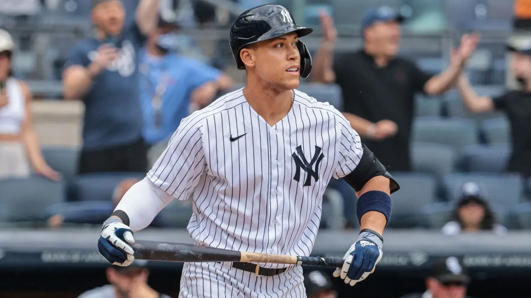 May 23, 2021; Bronx, New York, USA; New York Yankees right fielder Aaron Judge (99) reacts after a game-wining walk after the game against the Chicago White Sox at Yankee Stadium. / Vincent Carchietta-USA TODAY Sports