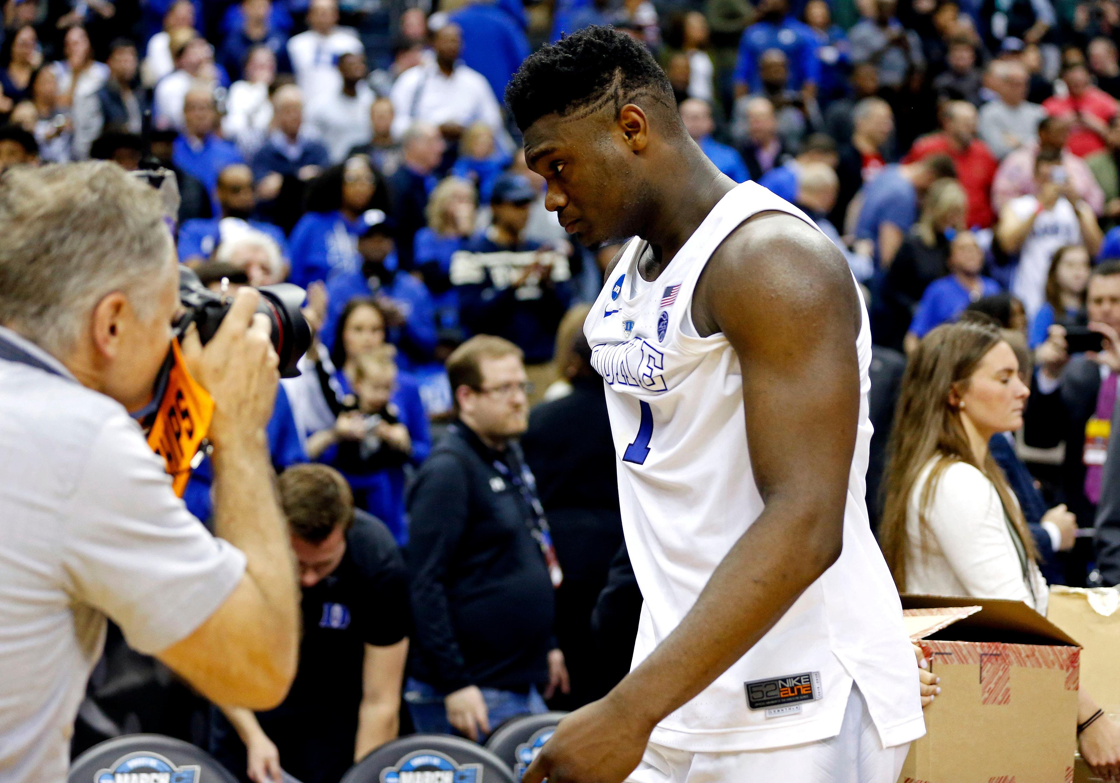 Duke Blue Devils forward Zion Williamson reacts after losing to the Michigan State Spartans in the championship game of the East Regional of the 2019 NCAA Tournament at Capital One Arena. / Amber Searls/USA TODAY Sports