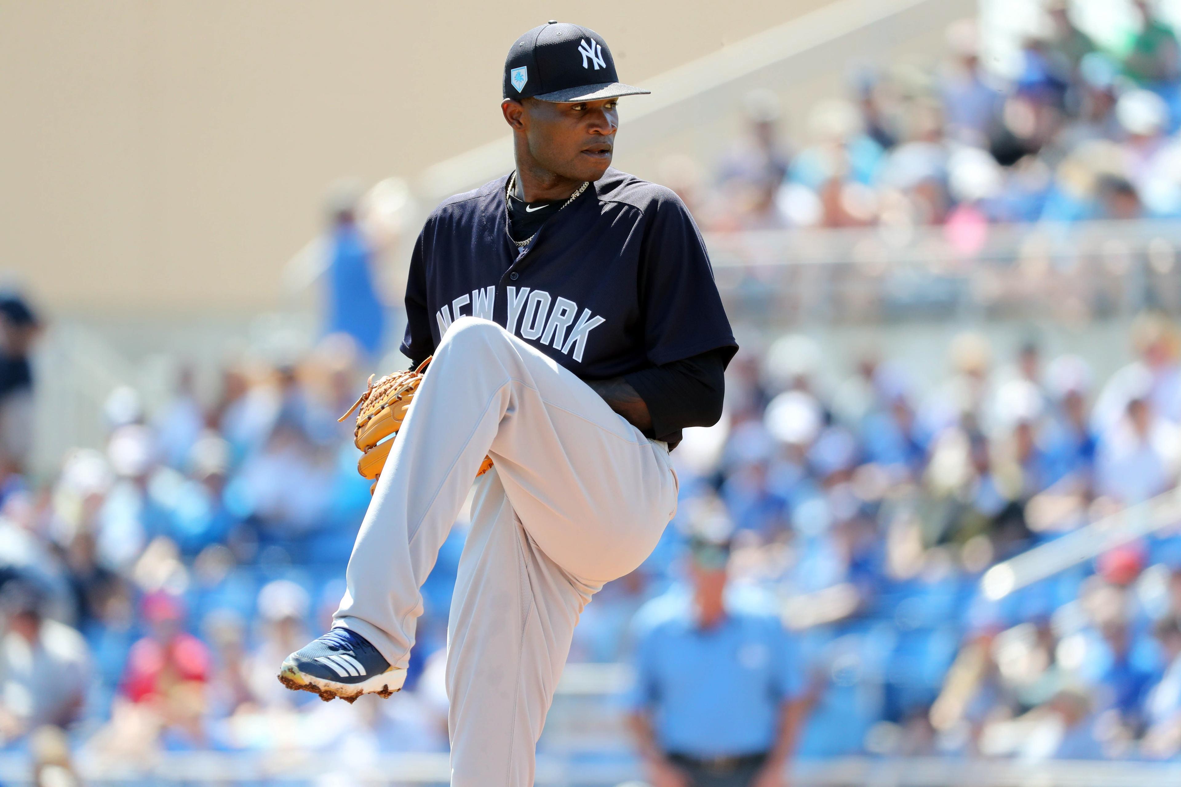 New York Yankees relief pitcher Domingo German throws a pitch during the first inning against the Toronto Blue Jays at Dunedin Stadium. / Kim Klement/USA TODAY Sports