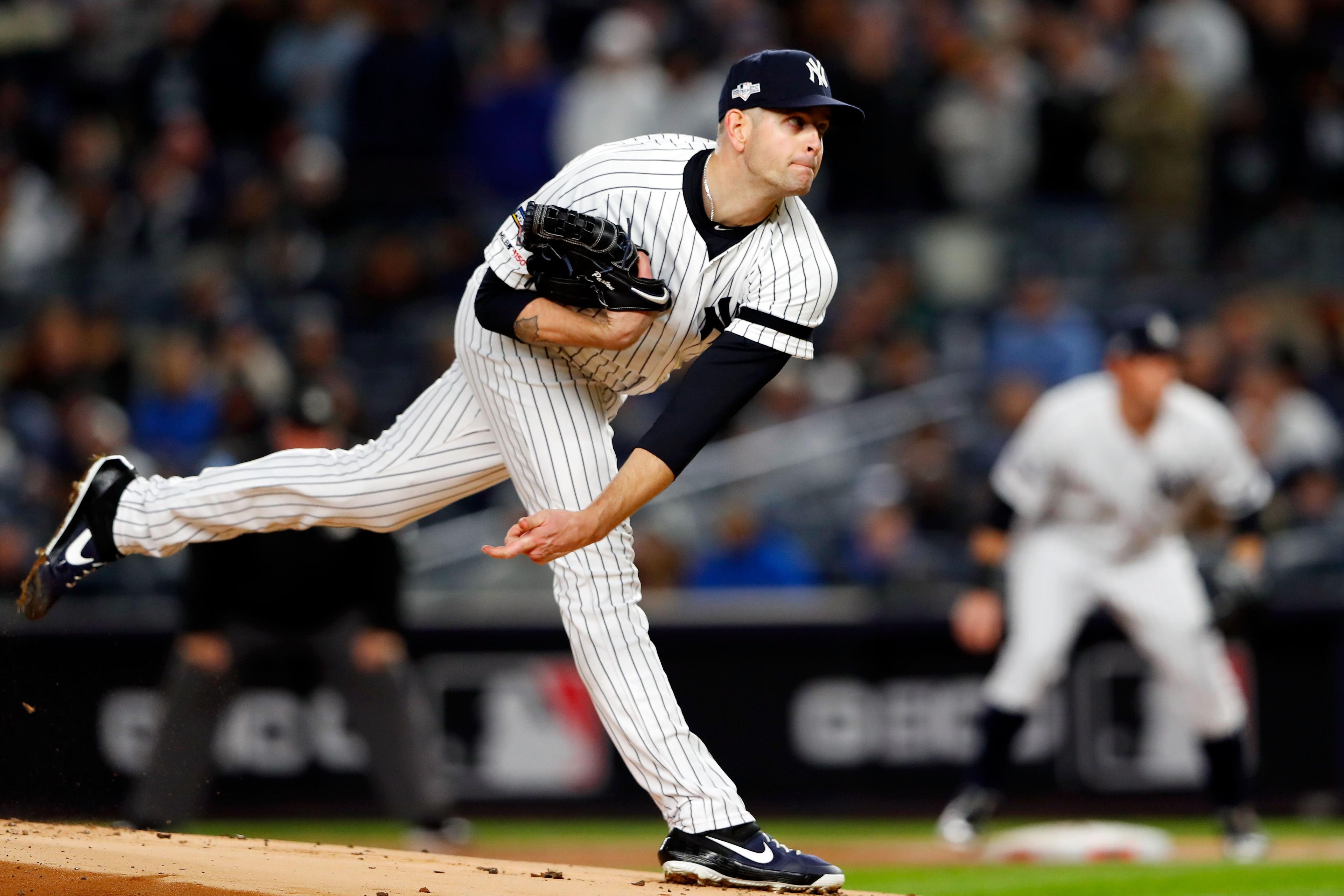 Oct 18, 2019; Bronx, NY, USA; New York Yankees starting pitcher James Paxton (65) pitches against the Houston Astros during the first inning of game five of the 2019 ALCS playoff baseball series at Yankee Stadium. Mandatory Credit: Noah K. Murray-USA TODAY Sports