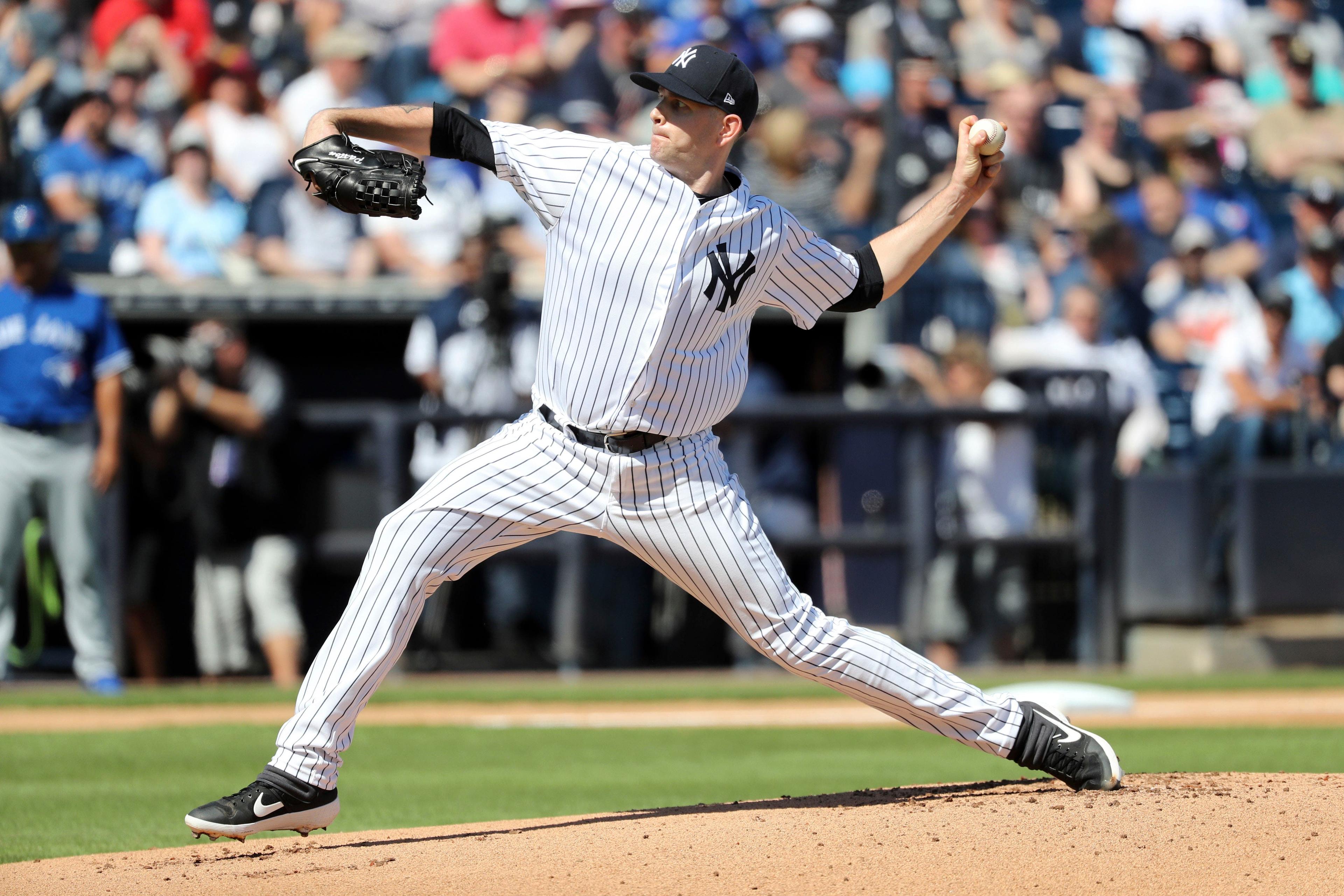 Feb 25, 2019; Tampa, FL, USA; New York Yankees starting pitcher James Paxton (65) throws a pitch during the first inning against the Toronto Blue Jays at George M. Steinbrenner Field. Mandatory Credit: Kim Klement-USA TODAY Sports / Kim Klement