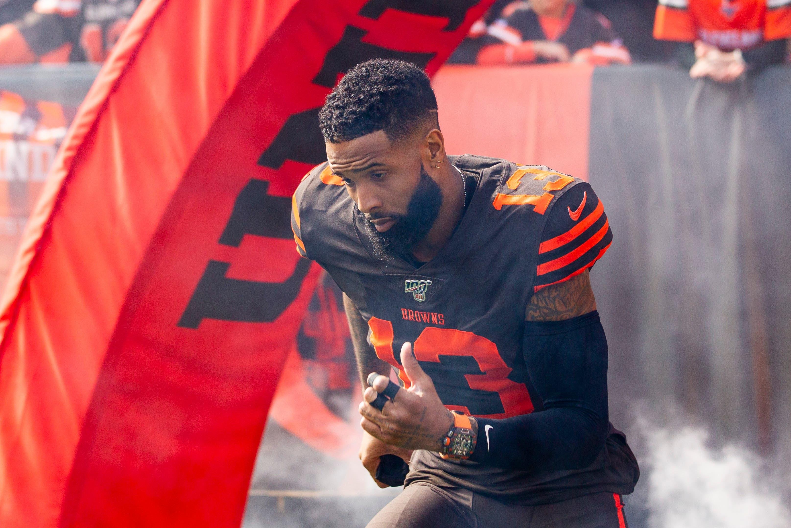 Oct 13, 2019; Cleveland, OH, USA; Cleveland Browns wide receiver Odell Beckham (13) runs onto the field before the start of the game against the Seattle Seahawks at FirstEnergy Stadium. Mandatory Credit: Scott R. Galvin-USA TODAY Sports / Scott Galvin