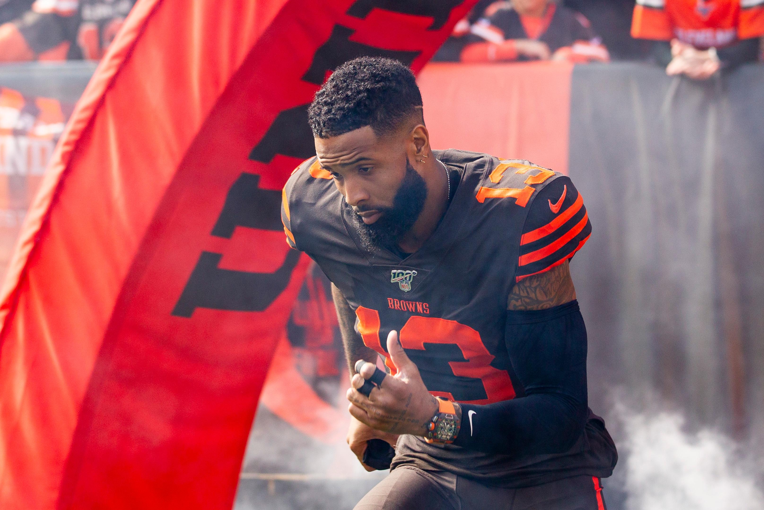 Oct 13, 2019; Cleveland, OH, USA; Cleveland Browns wide receiver Odell Beckham (13) runs onto the field before the start of the game against the Seattle Seahawks at FirstEnergy Stadium. Mandatory Credit: Scott R. Galvin-USA TODAY Sports