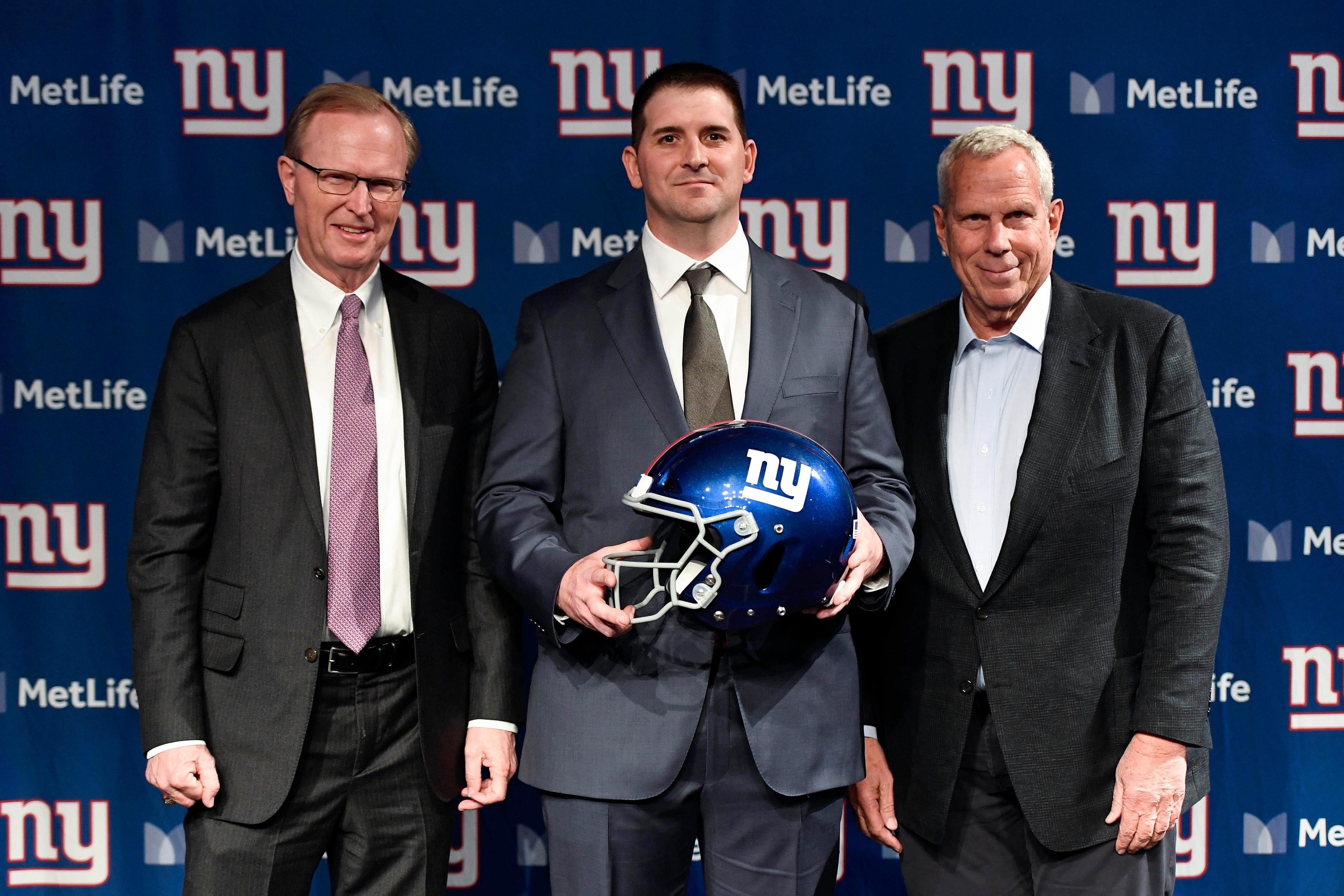 Jan 9, 2020; East Rutherford, New Jersey, USA; (from left) New York Giants CEO John Mara, new head coach Joe Judge, and co-owner Steve Tisch pose for photos at MetLife Stadium. Mandatory Credit: Danielle Parhizkaran-USA TODAY Sports / Danielle Parhizkaran