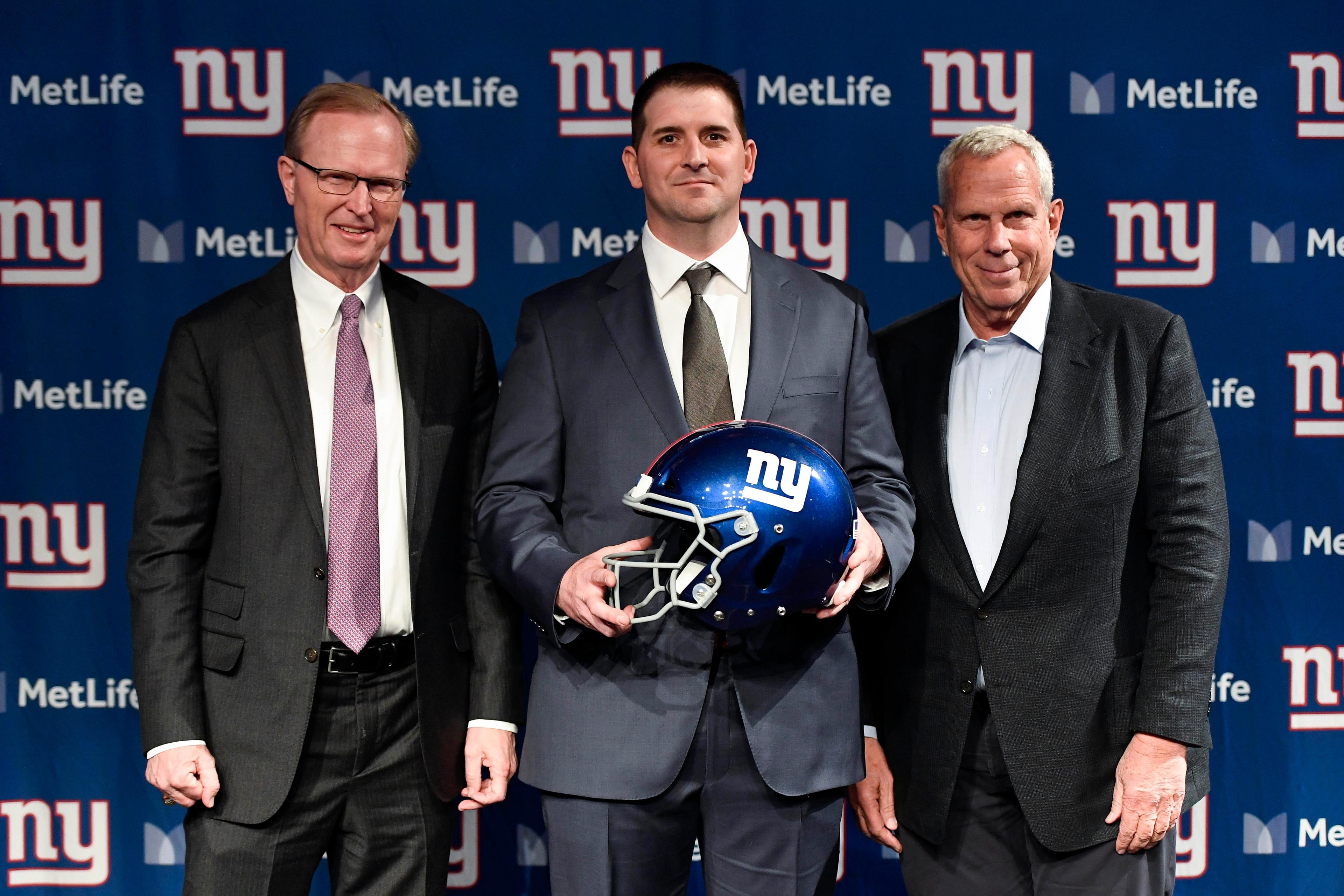 Jan 9, 2020; East Rutherford, New Jersey, USA; (from left) New York Giants CEO John Mara, new head coach Joe Judge, and co-owner Steve Tisch pose for photos at MetLife Stadium. Mandatory Credit: Danielle Parhizkaran-USA TODAY Sports