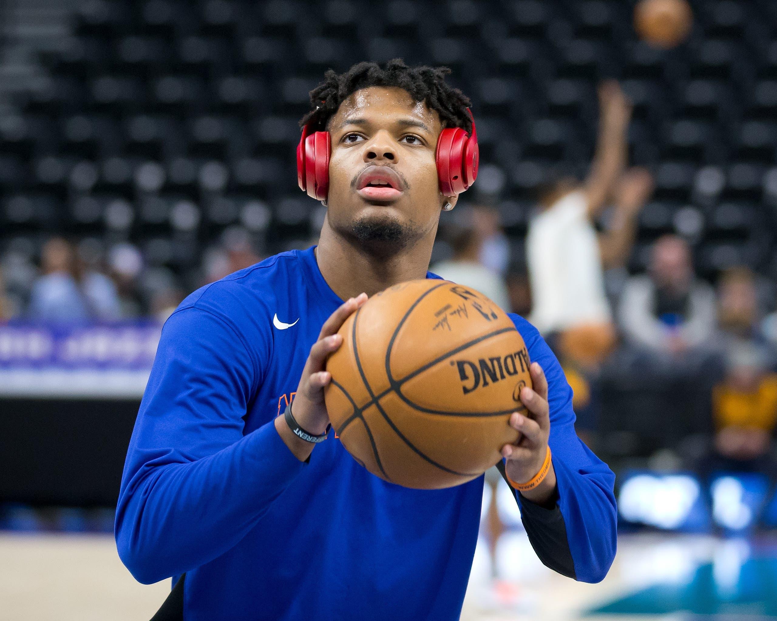 Jan 8, 2020; Salt Lake City, Utah, USA; New York Knicks guard Dennis Smith Jr. (5) warms up prior to a game against the Utah Jazz at Vivint Smart Home Arena. Mandatory Credit: Russell Isabella-USA TODAY Sports / Russell Isabella