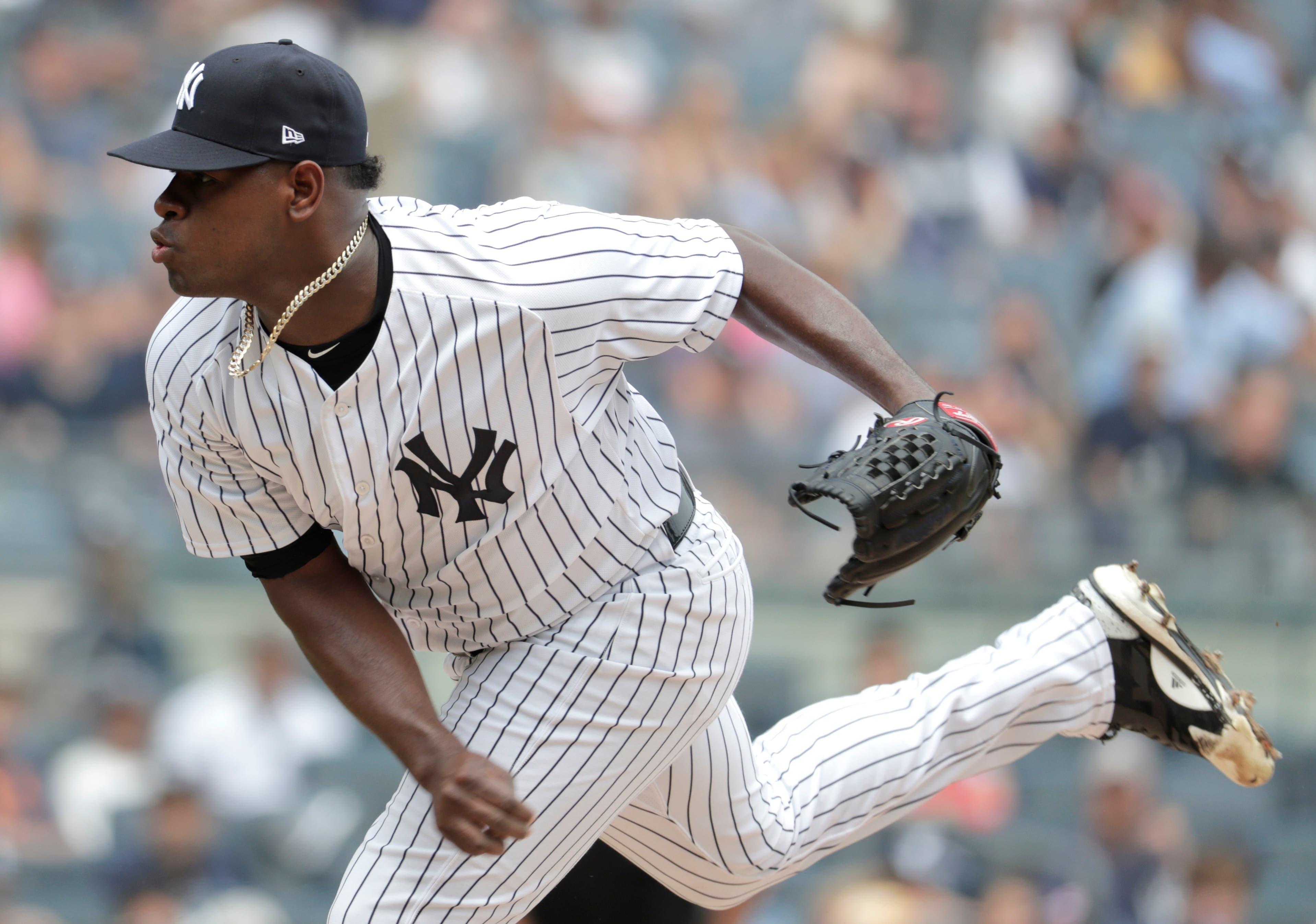 New York Yankees starting pitcher Luis Severino throws a pitch to the Toronto Blue Jays during the first inning of a baseball game, Saturday, Aug. 18, 2018, in New York. (AP Photo/Julio Cortez) / AP